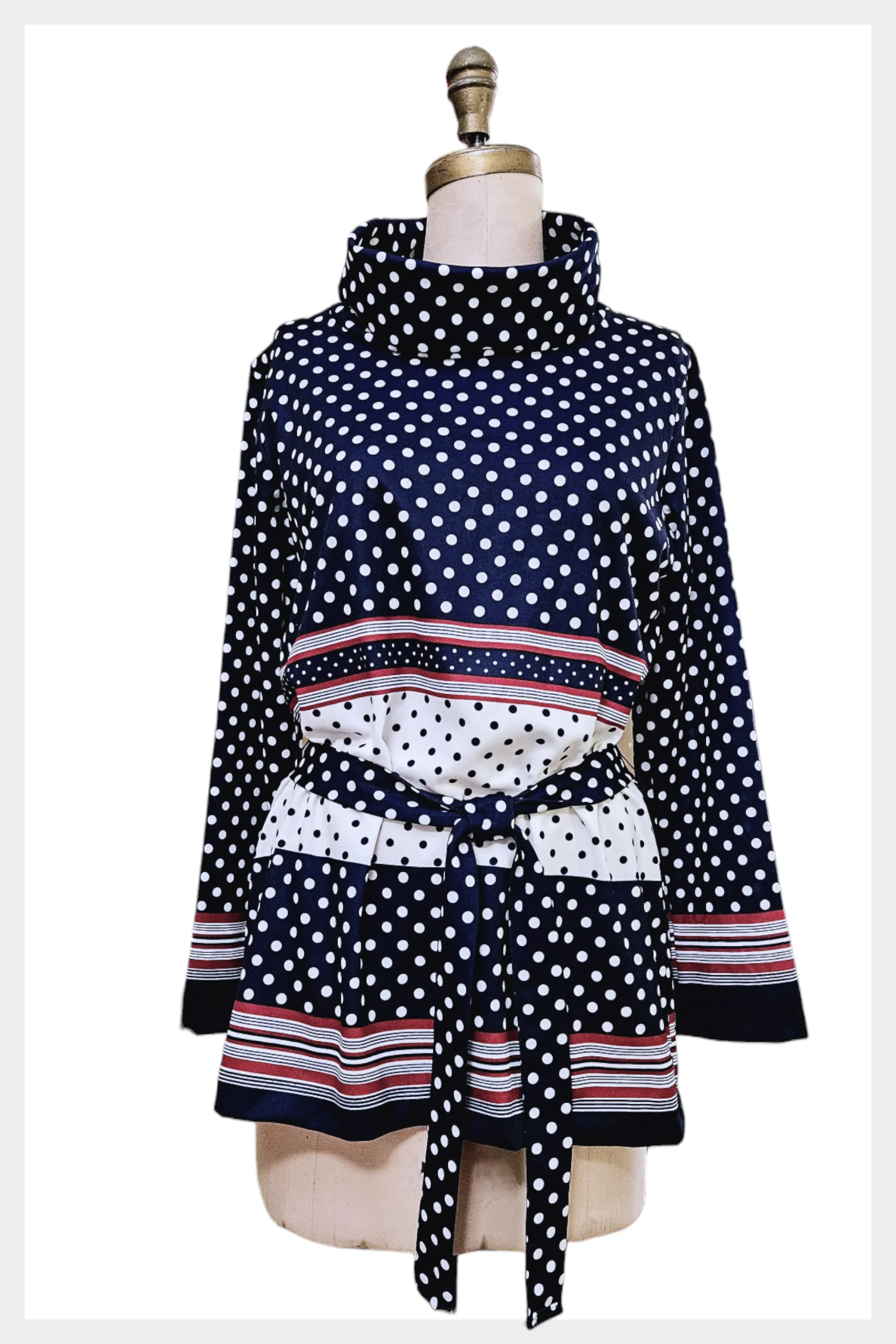 1970s belted polka dot Montgomery Ward cowl neck shirt w tie belt | large