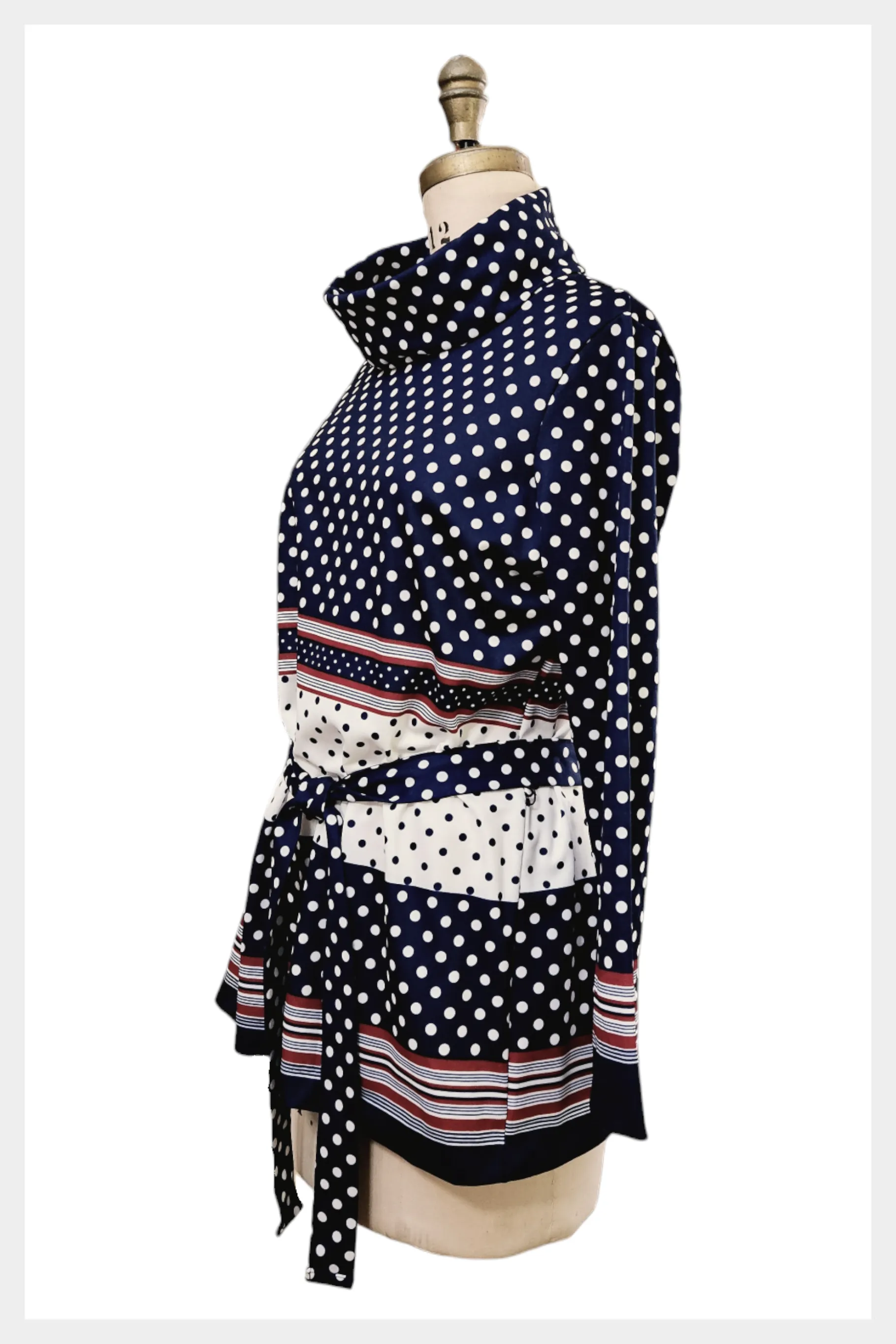 1970s belted polka dot Montgomery Ward cowl neck shirt w tie belt | large