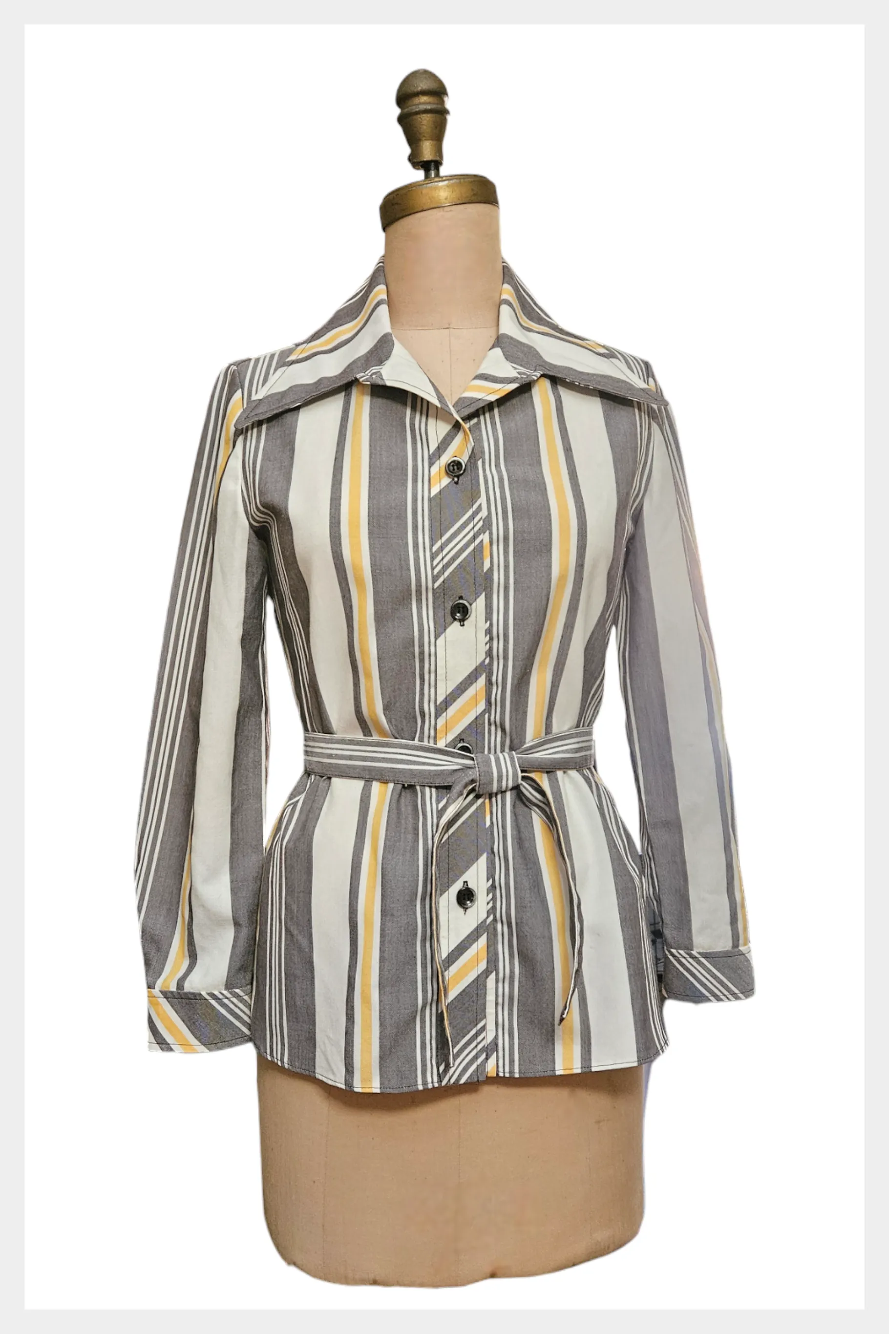 1970s dagger collar belted striped shirt | small
