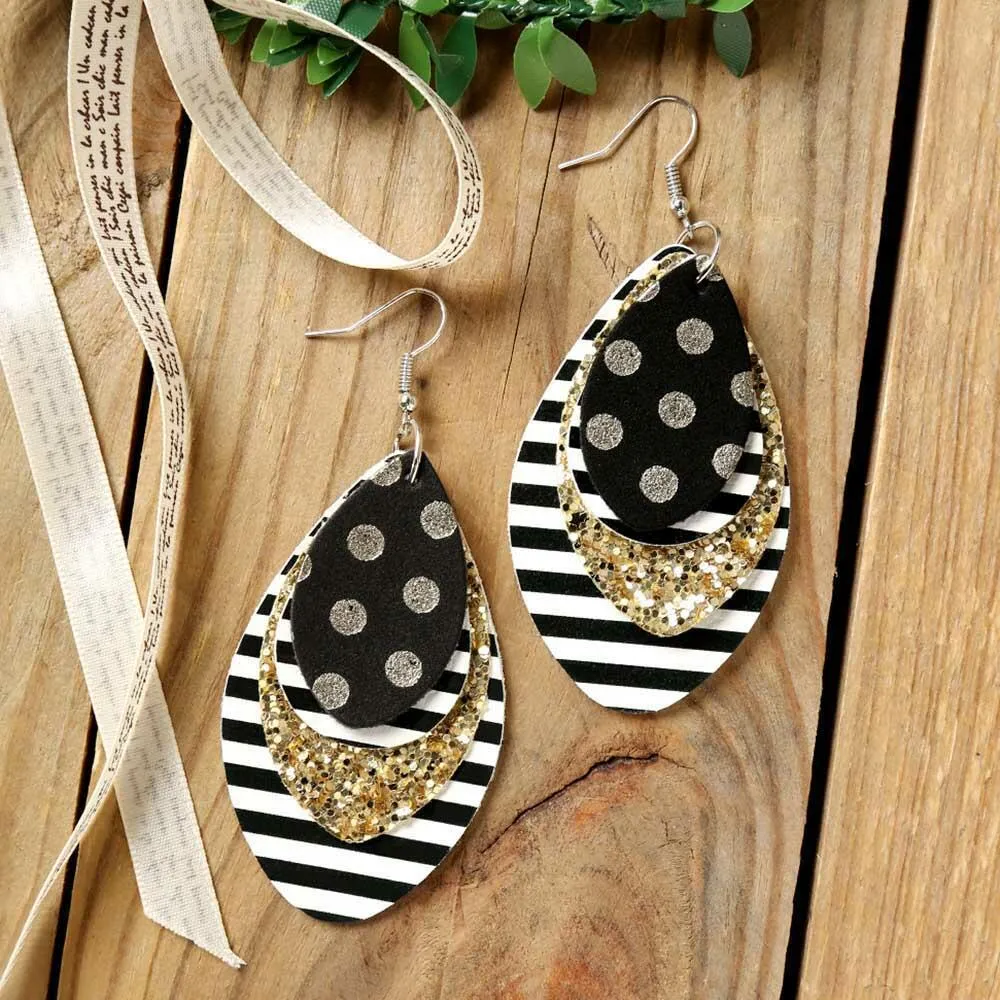 3 Layered Plaid and Sequin Christmas Leather Earrings