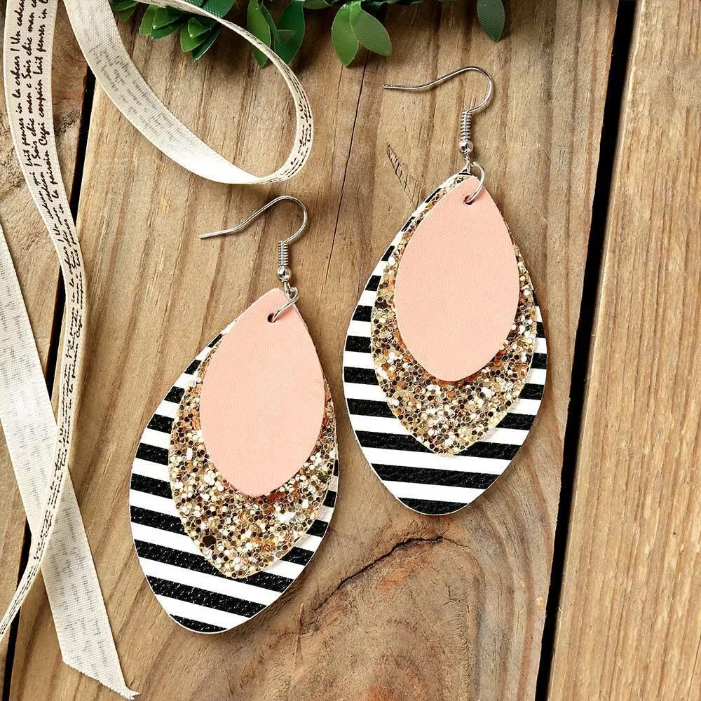 3 Layered Plaid and Sequin Christmas Leather Earrings