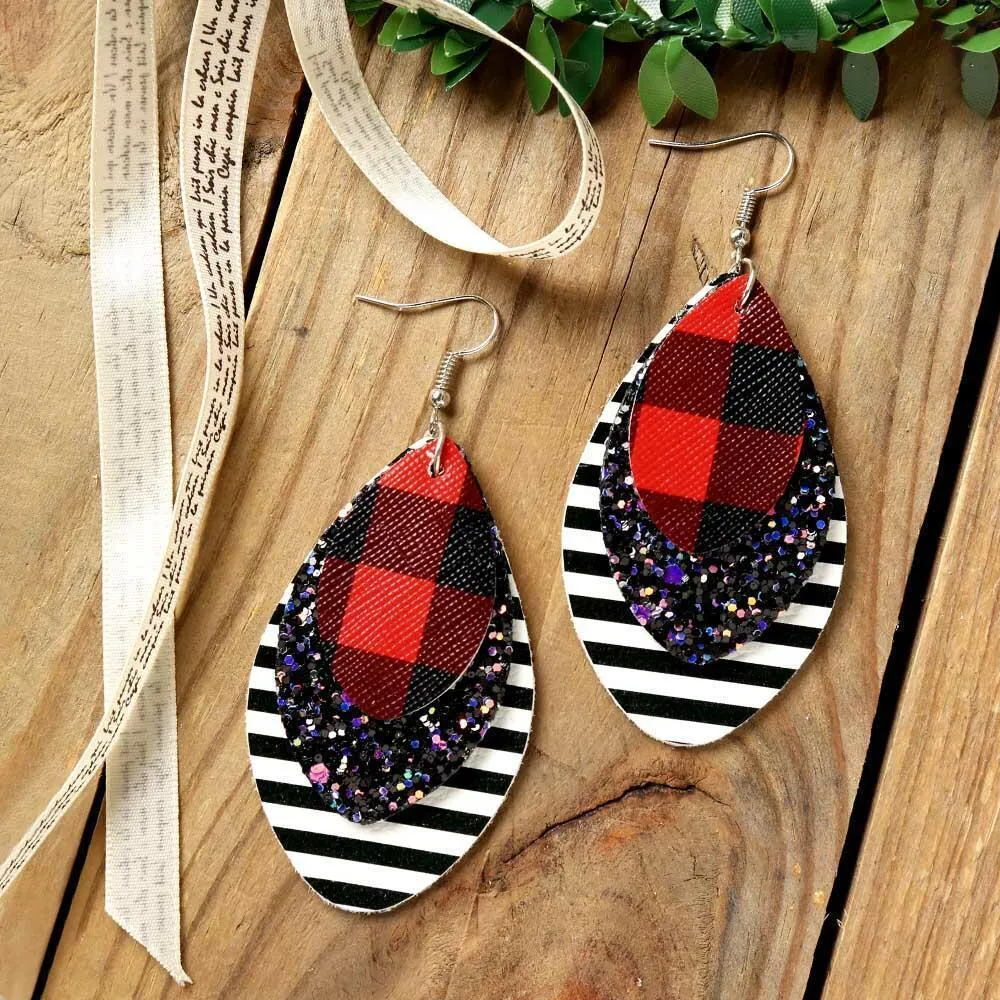 3 Layered Plaid and Sequin Christmas Leather Earrings