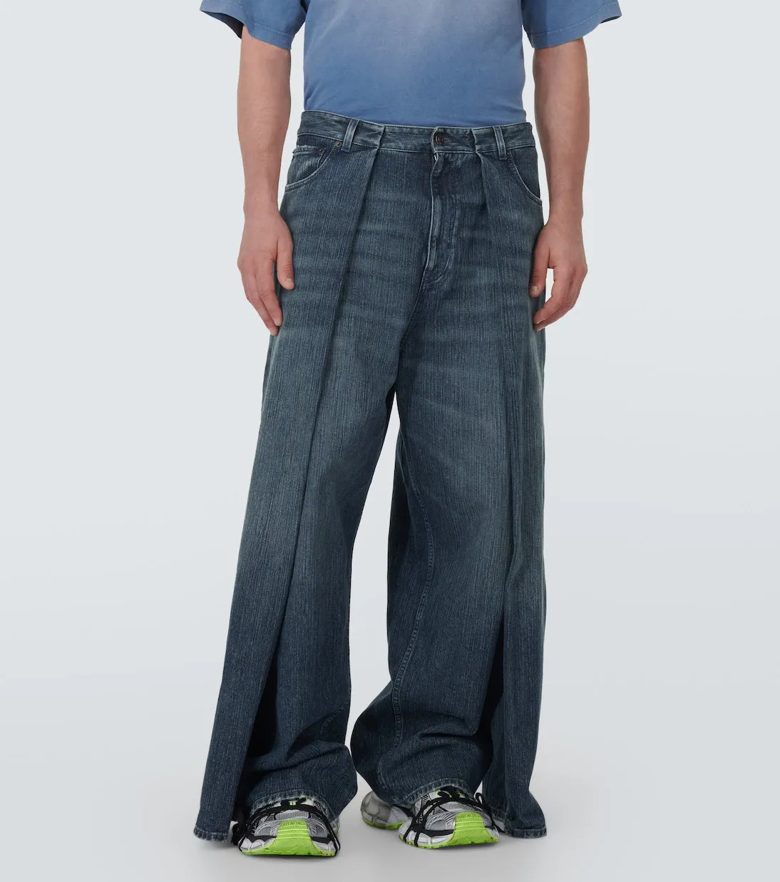 Balenciaga High Rise Pleated Wide Leg Jeans, Blue