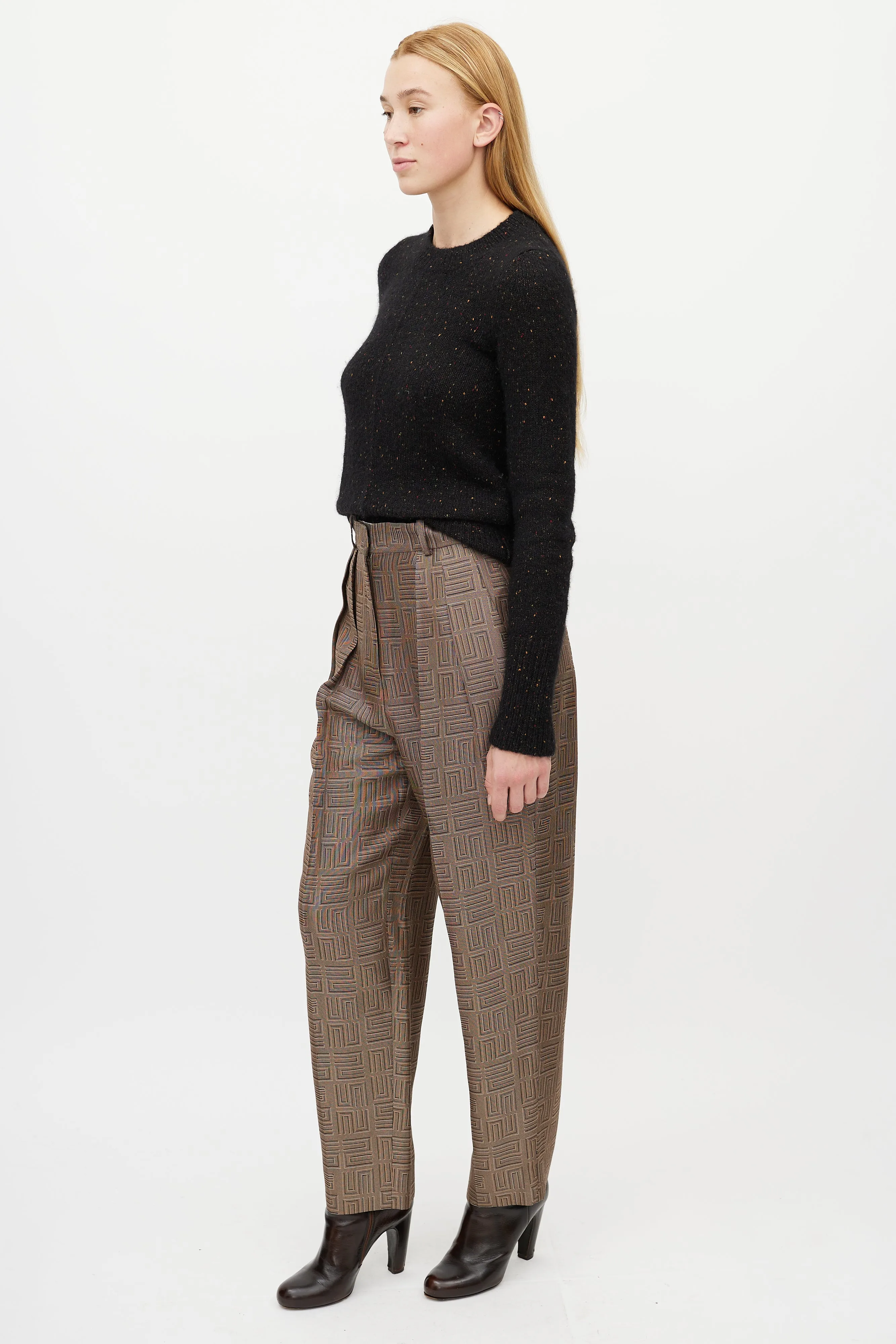 Beige & Black Geometric Pleated Trouser