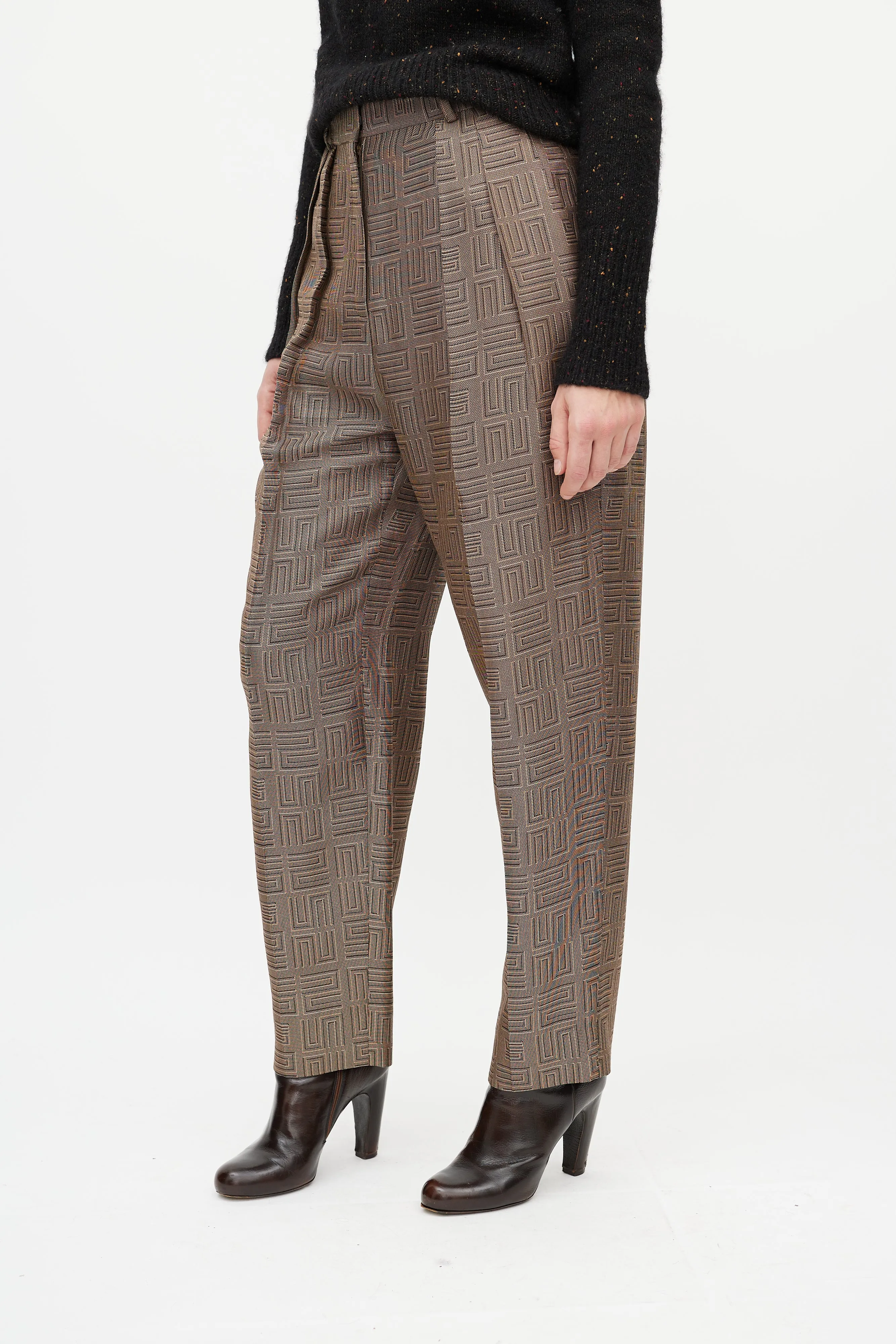 Beige & Black Geometric Pleated Trouser