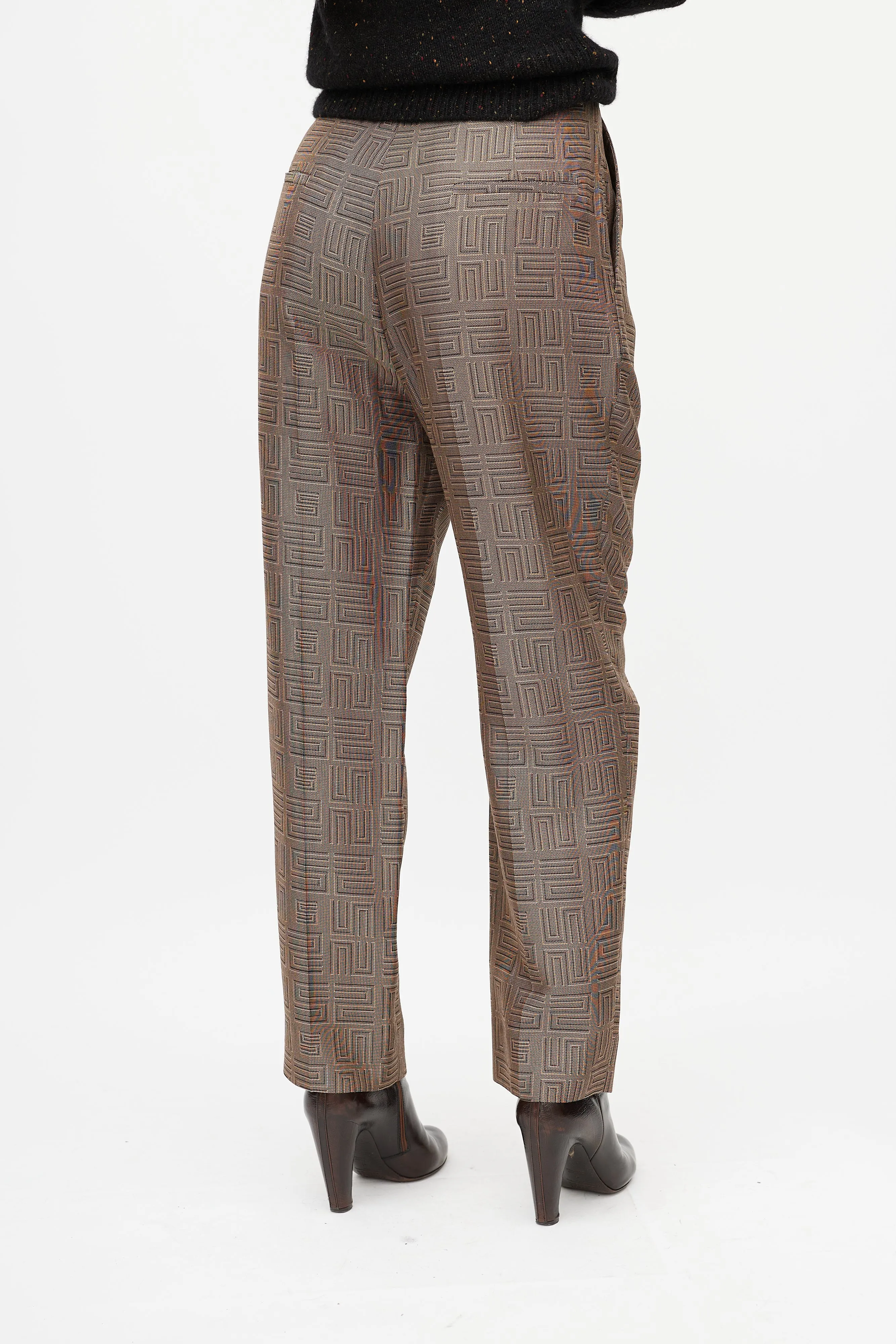 Beige & Black Geometric Pleated Trouser
