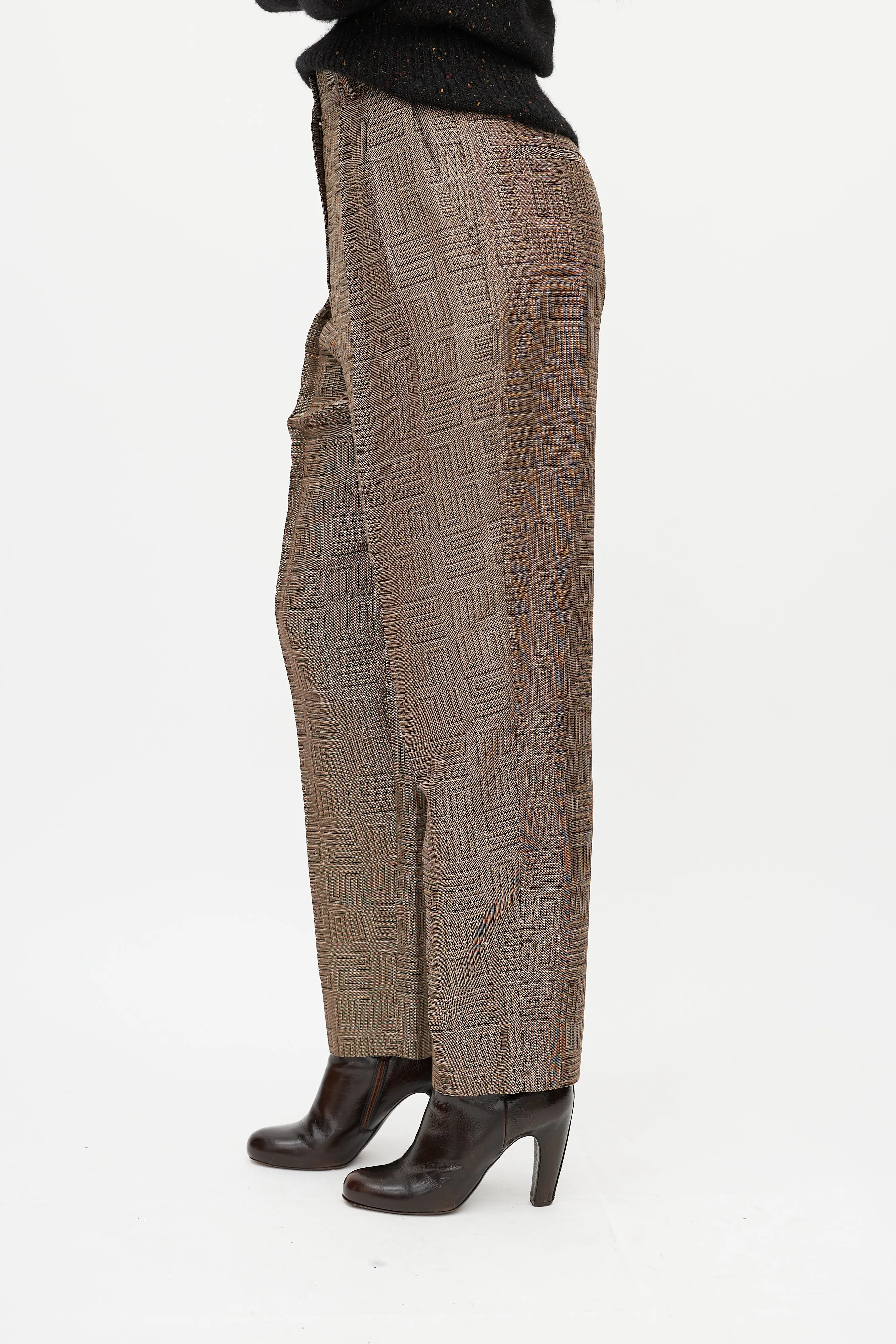 Beige & Black Geometric Pleated Trouser