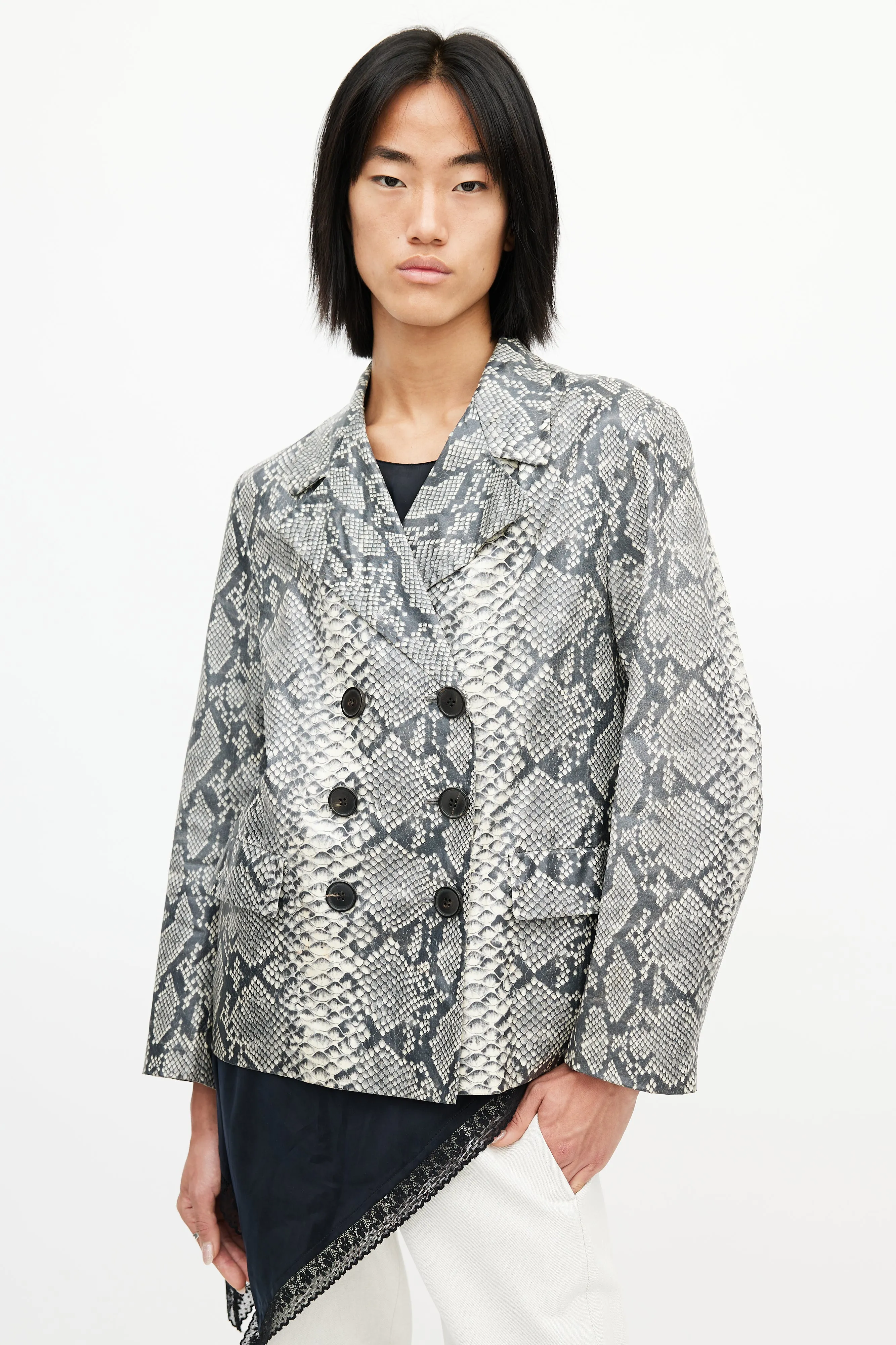 Beige & Multicolour Print Double Breasted Blazer