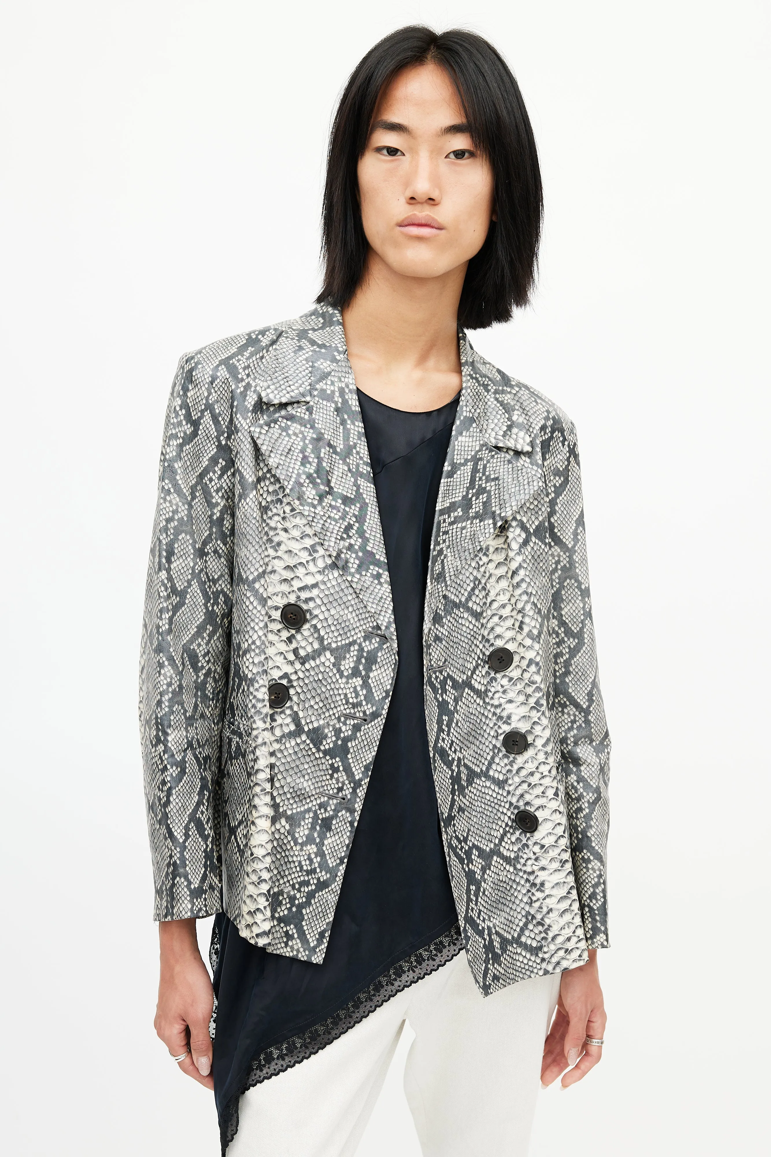 Beige & Multicolour Print Double Breasted Blazer