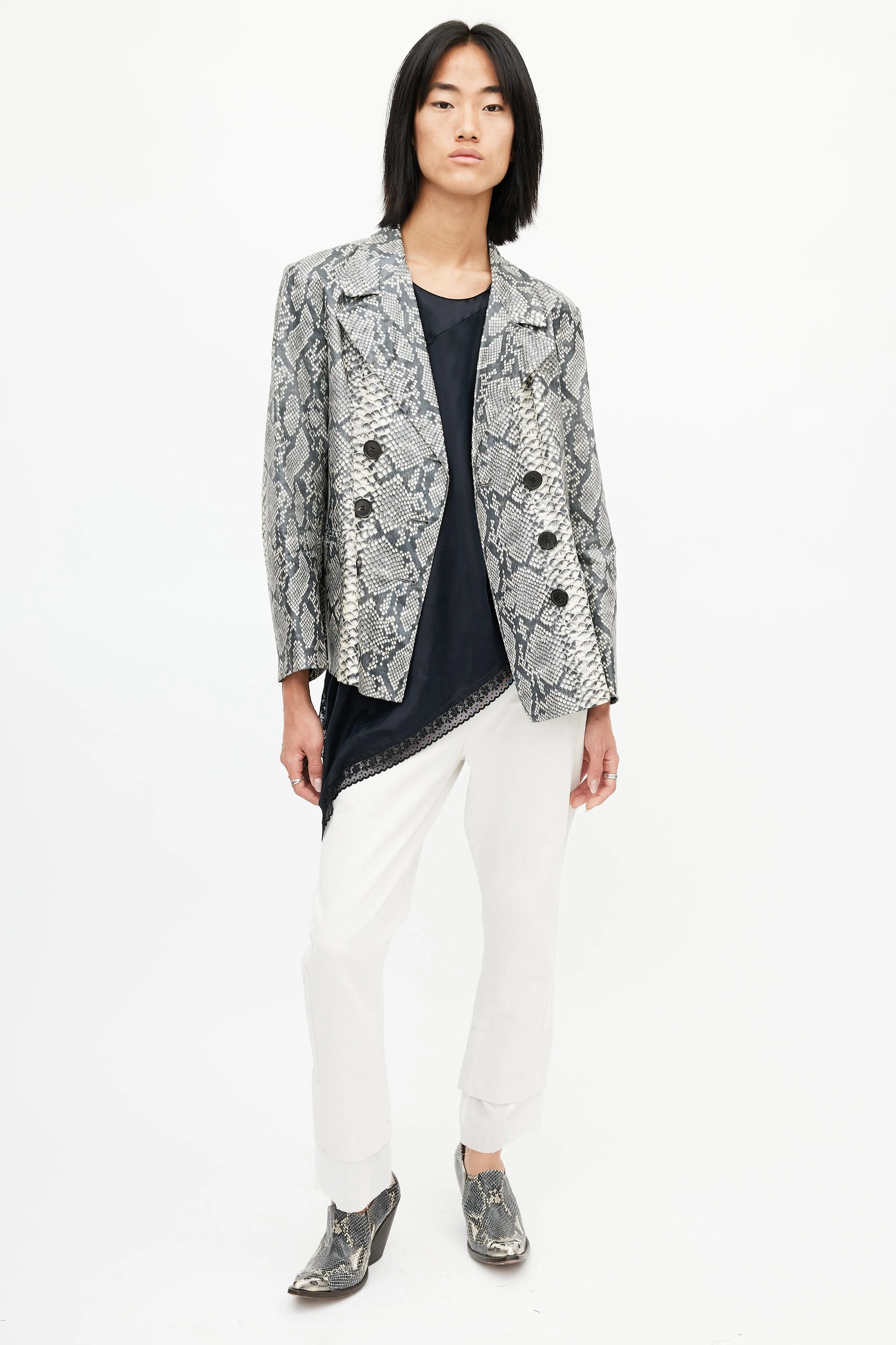 Beige & Multicolour Print Double Breasted Blazer