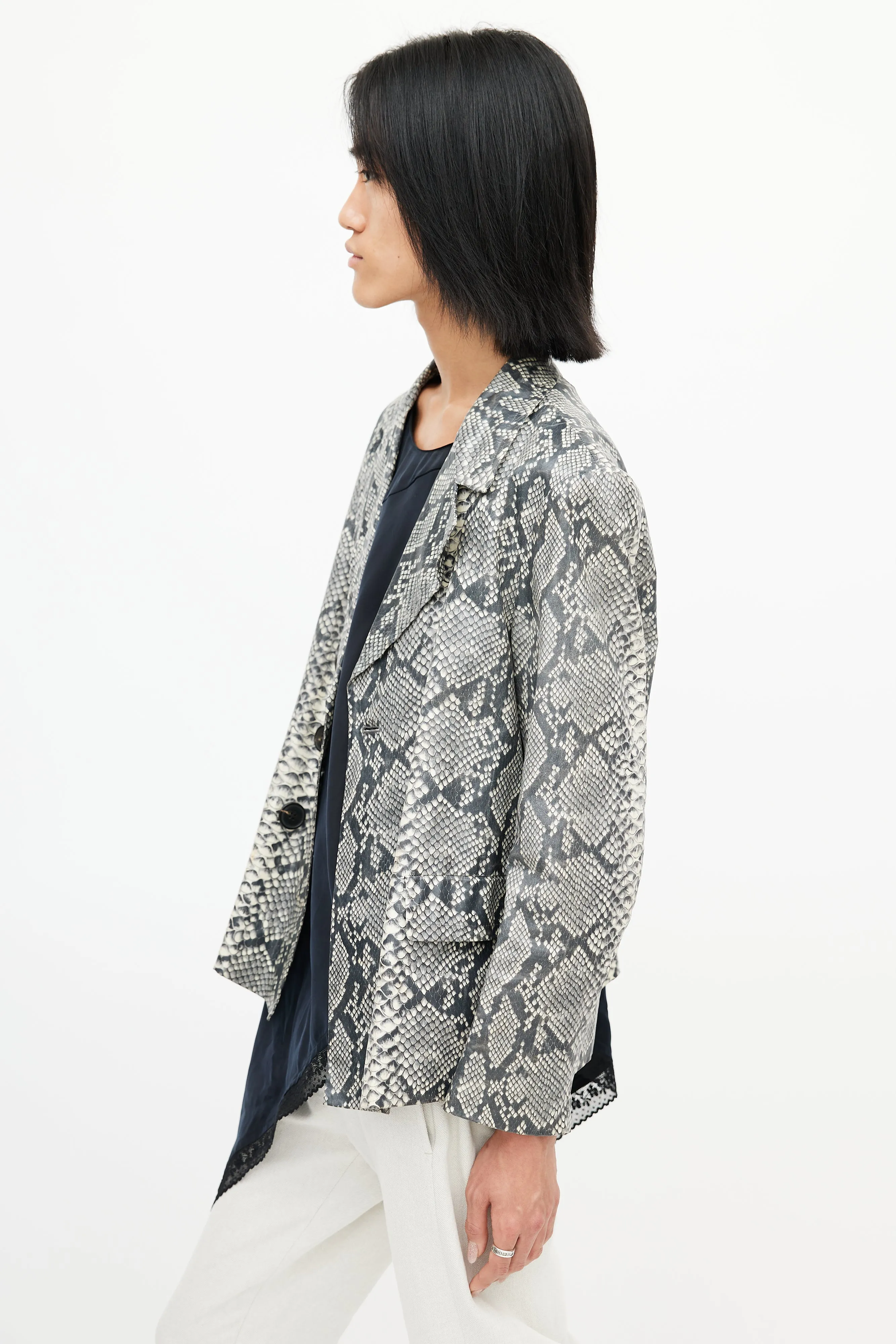 Beige & Multicolour Print Double Breasted Blazer