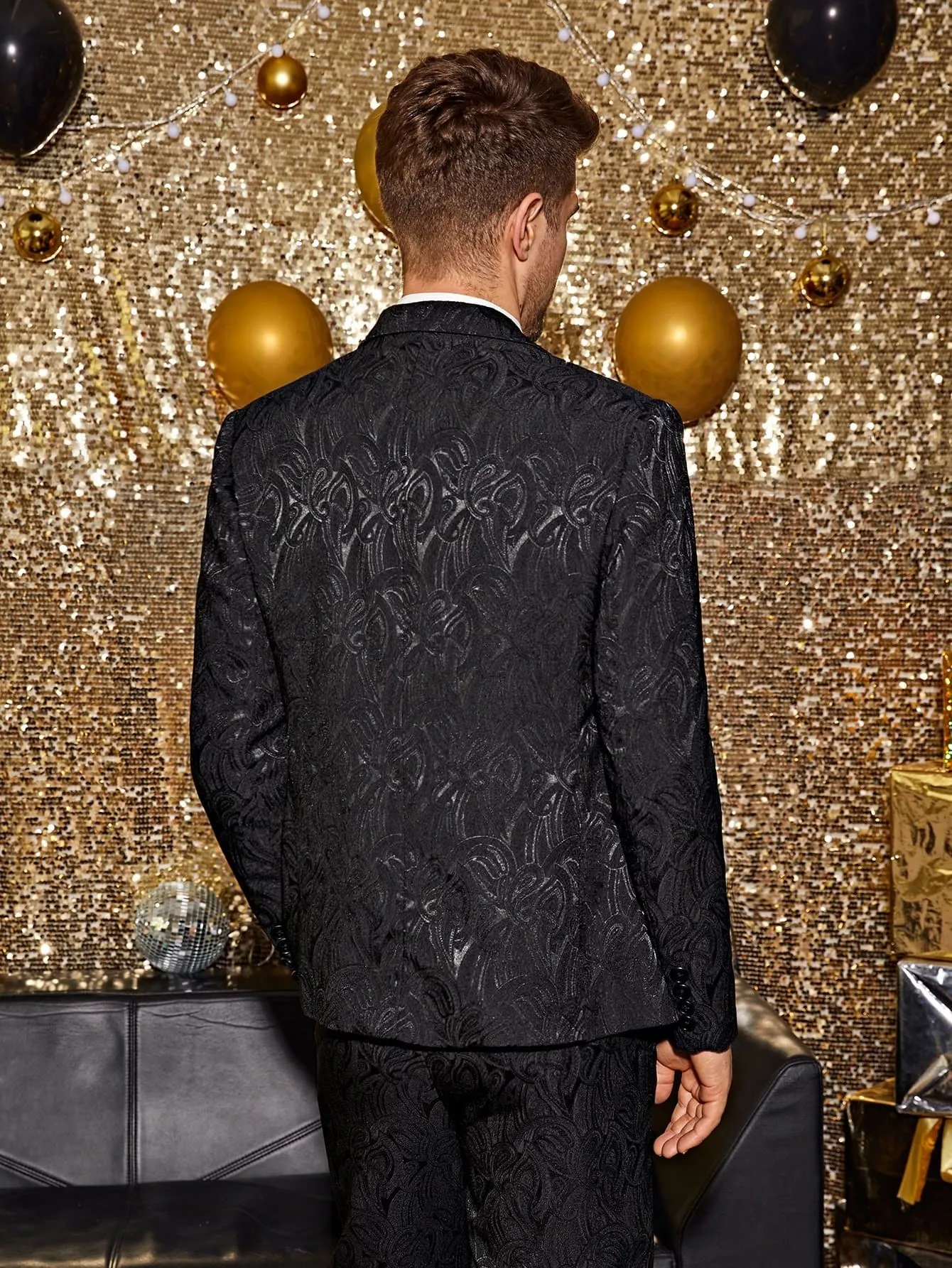 Black Double Breasted  Peak Collar Jacquard Blazer