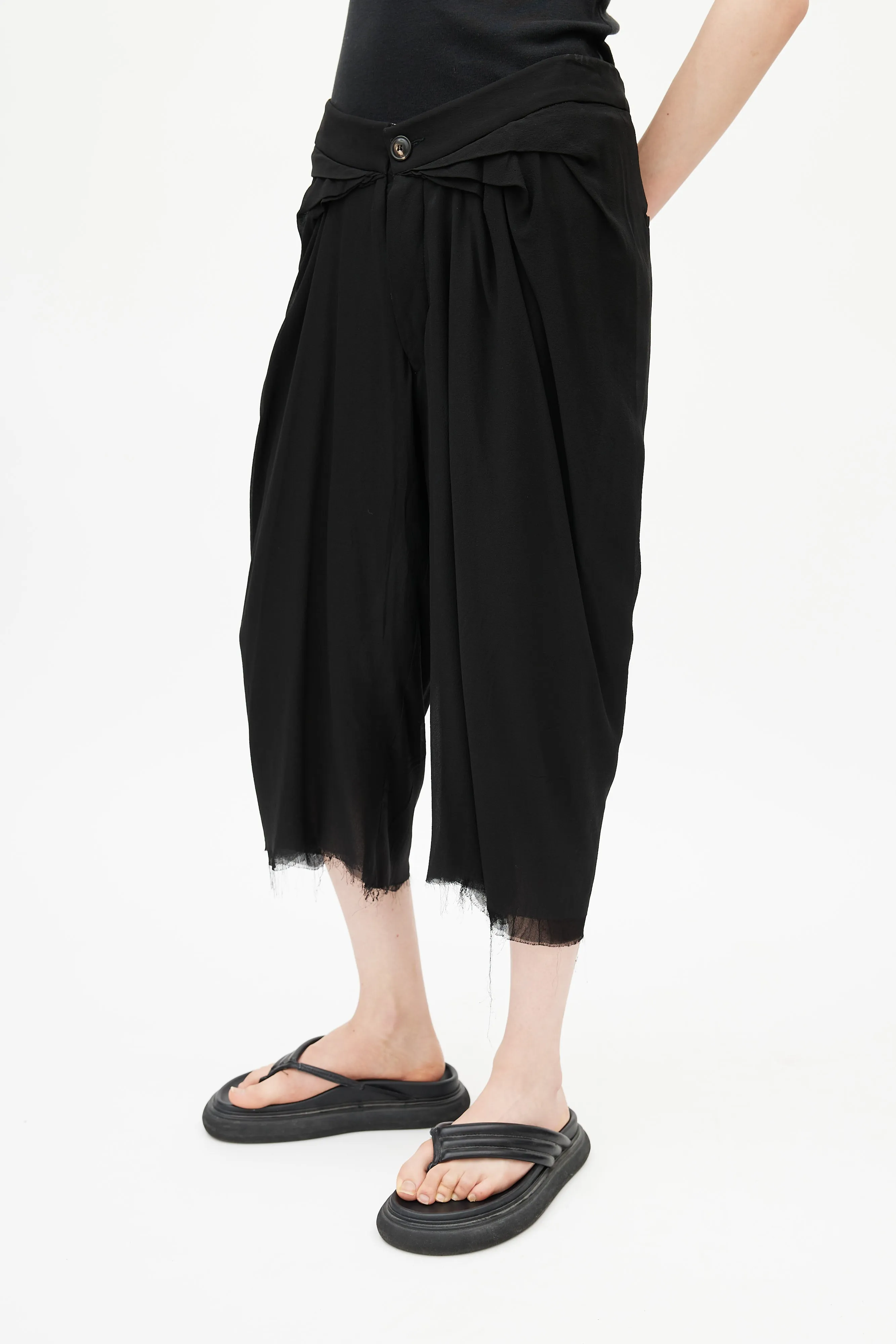 Black Pleated Cropped Silk Trouser