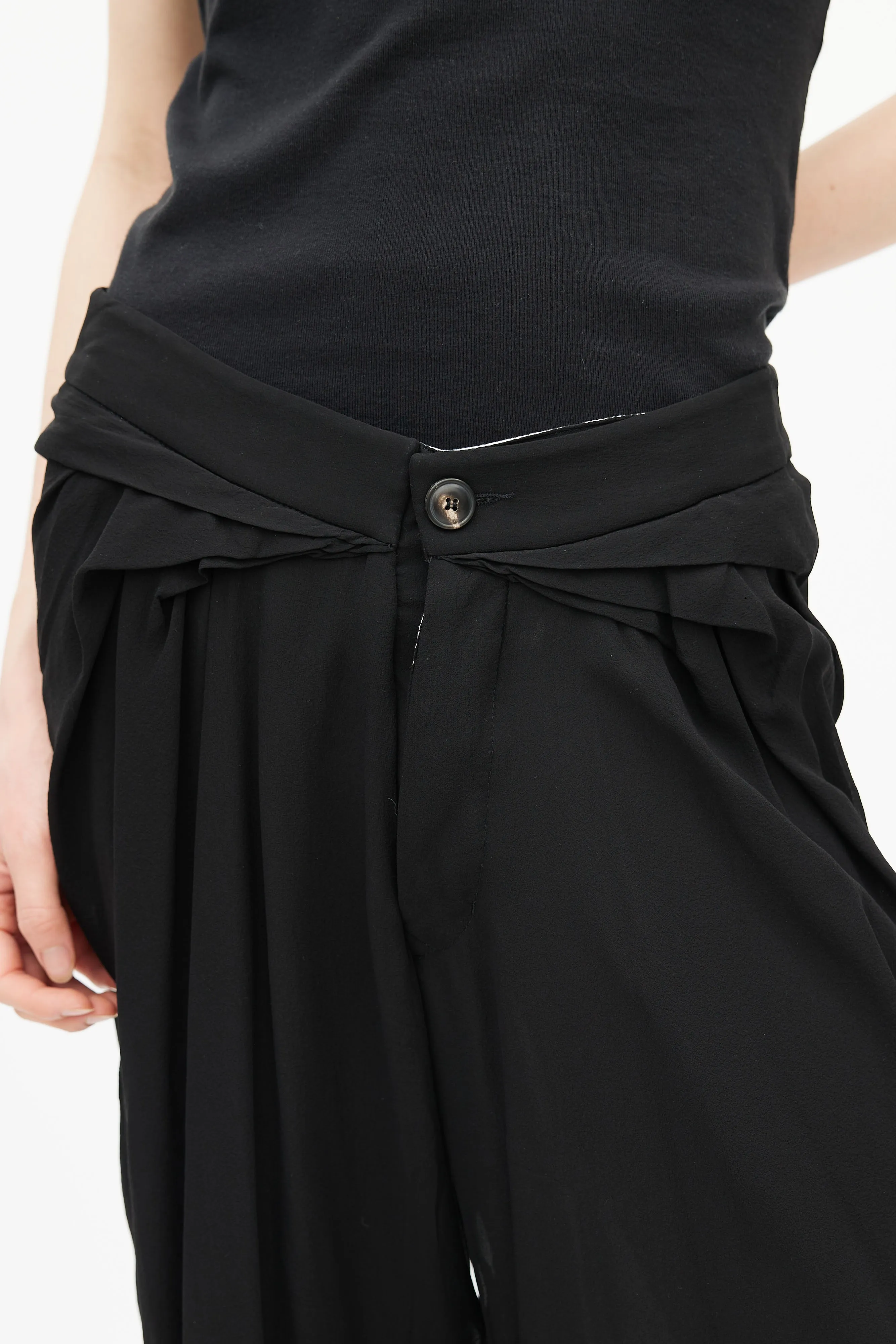 Black Pleated Cropped Silk Trouser