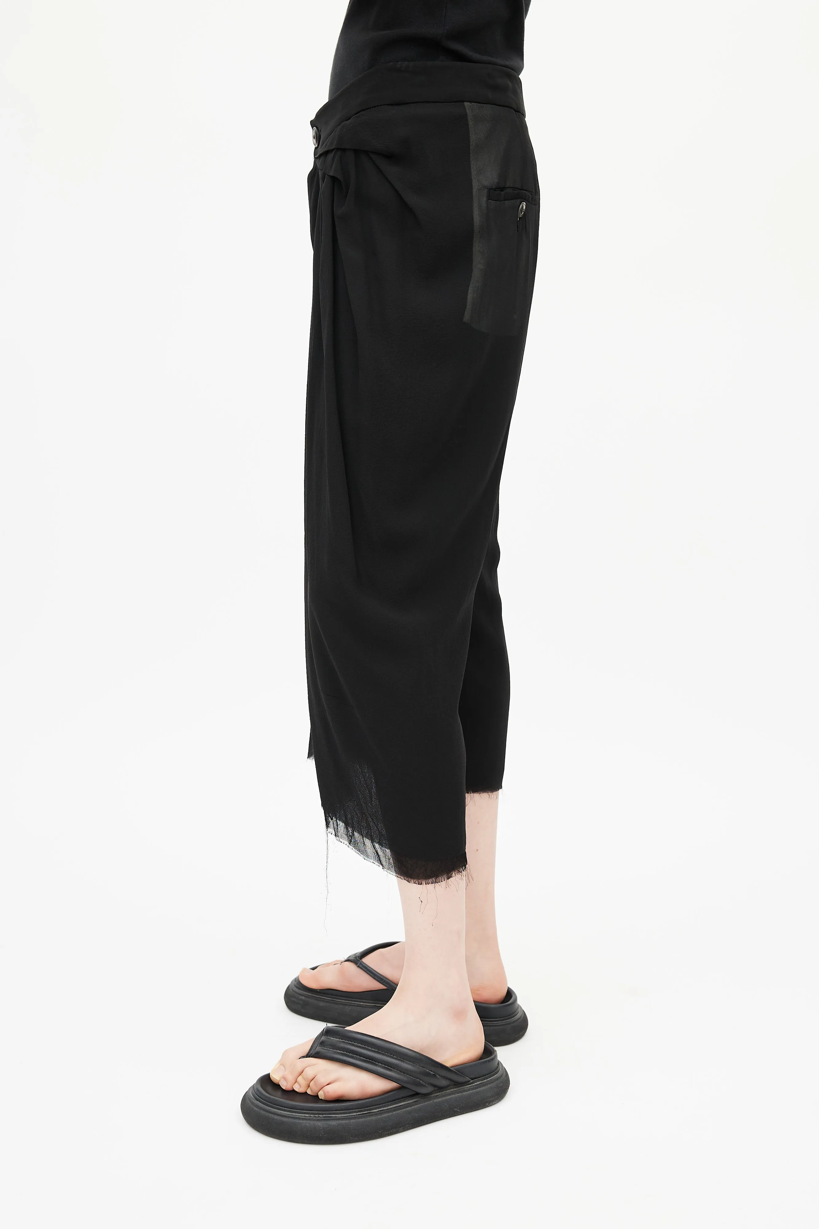 Black Pleated Cropped Silk Trouser