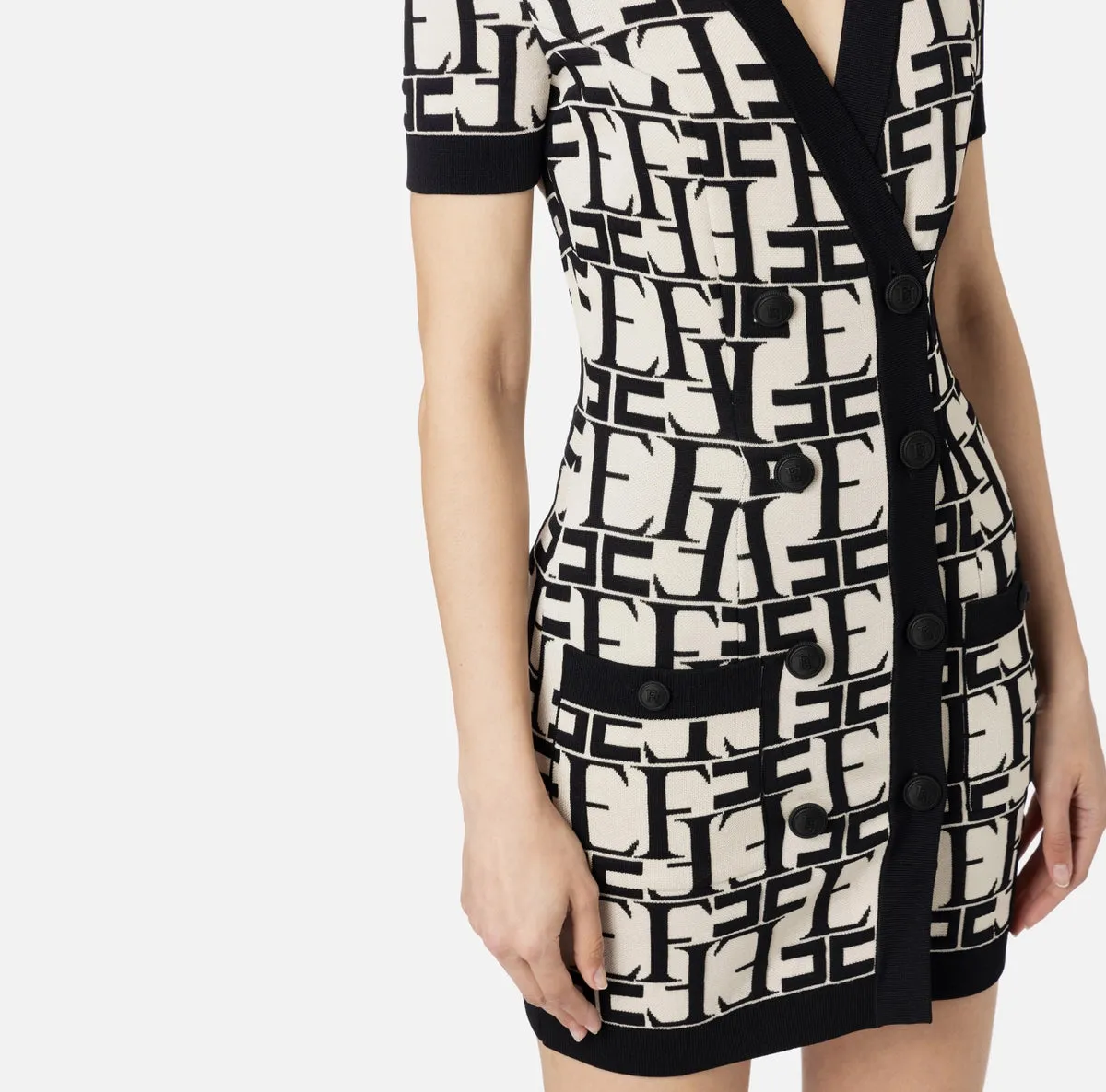 Black white knit  print short dress with short sleeves