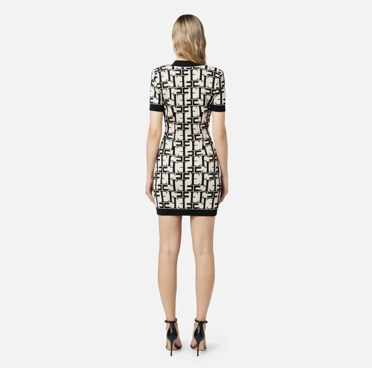 Black white knit  print short dress with short sleeves