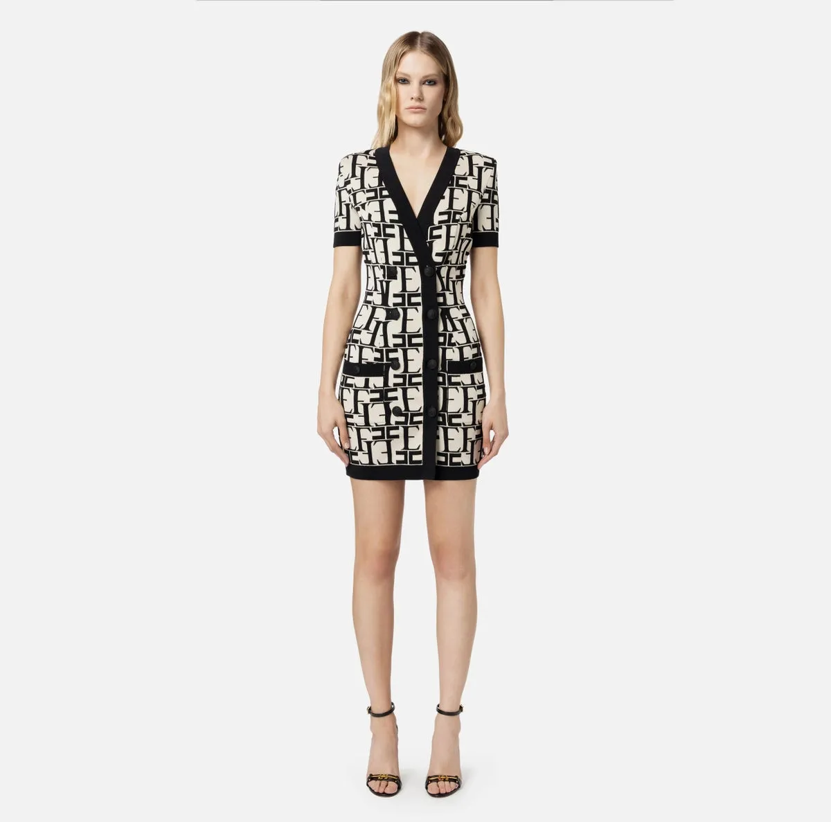 Black white knit  print short dress with short sleeves