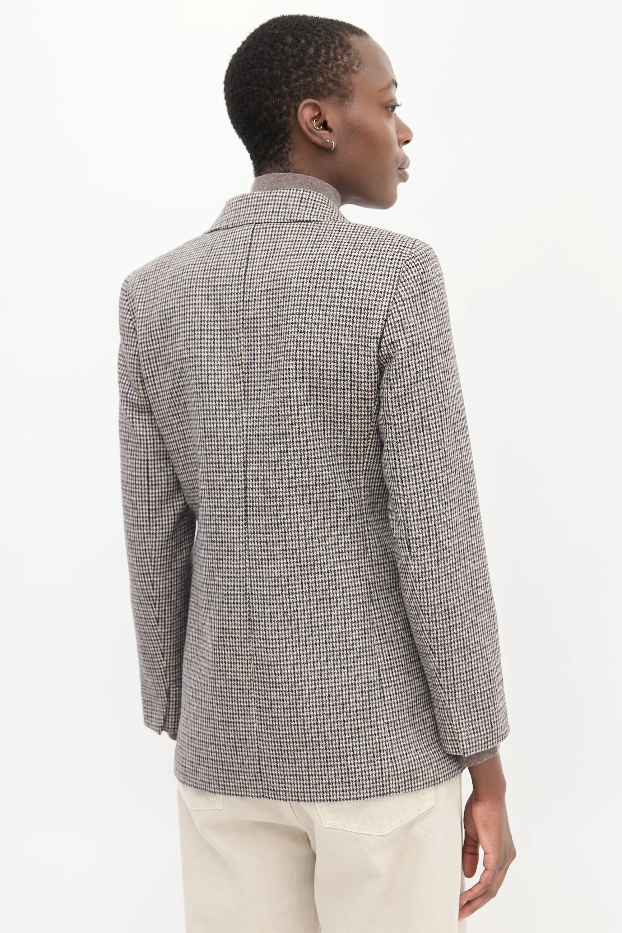 Brown & Navy Wool Houndstooth Blazer