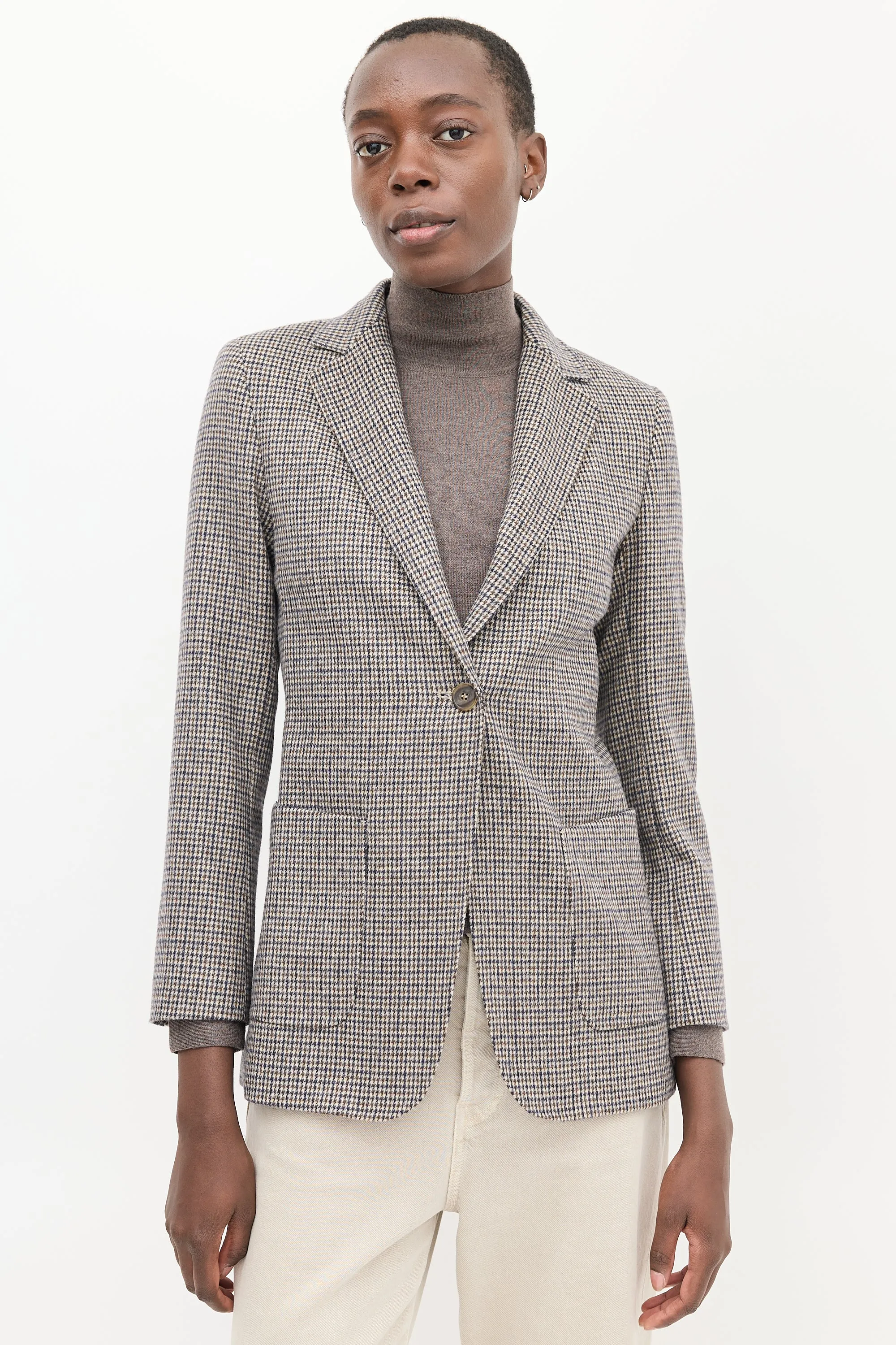 Brown & Navy Wool Houndstooth Blazer
