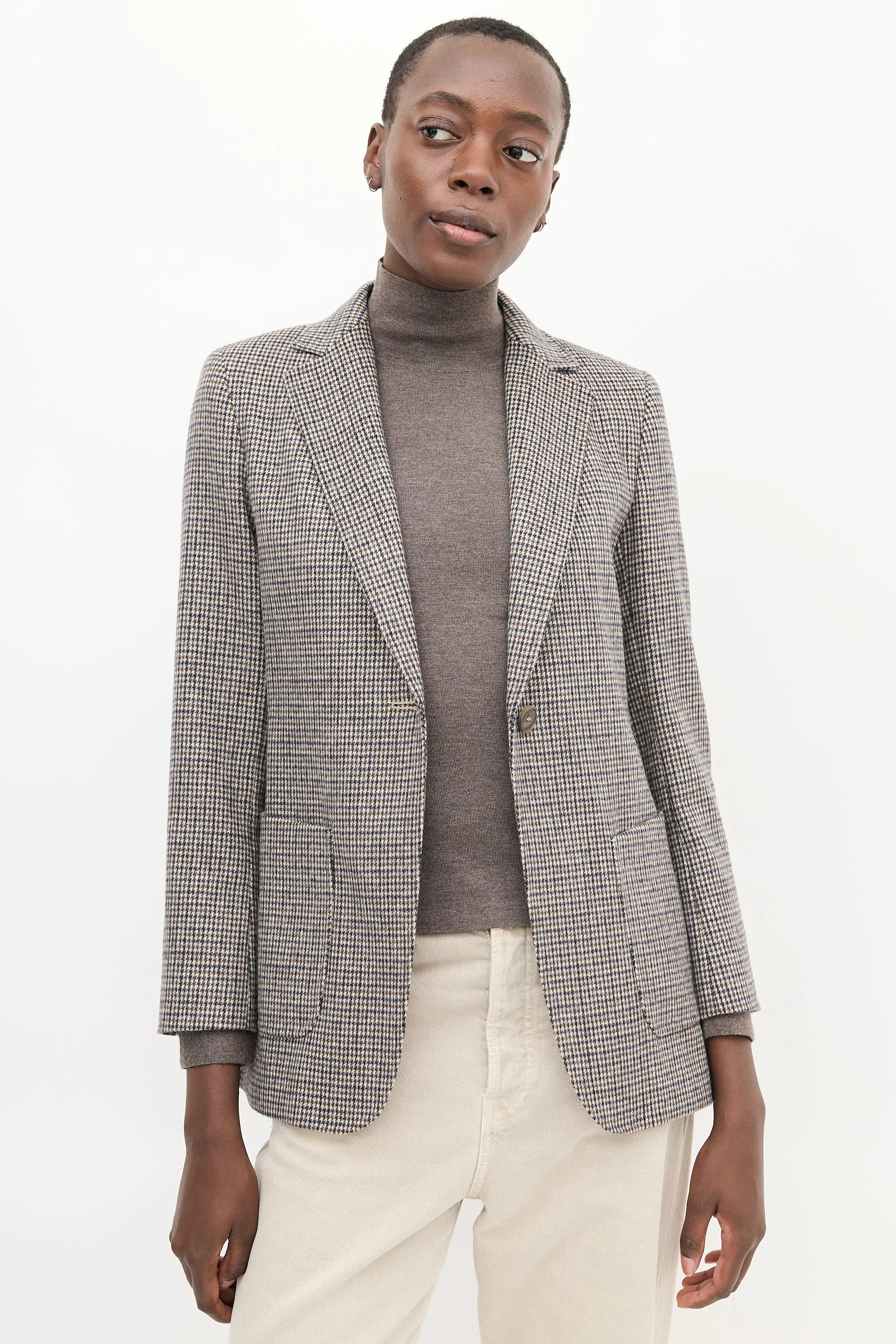 Brown & Navy Wool Houndstooth Blazer