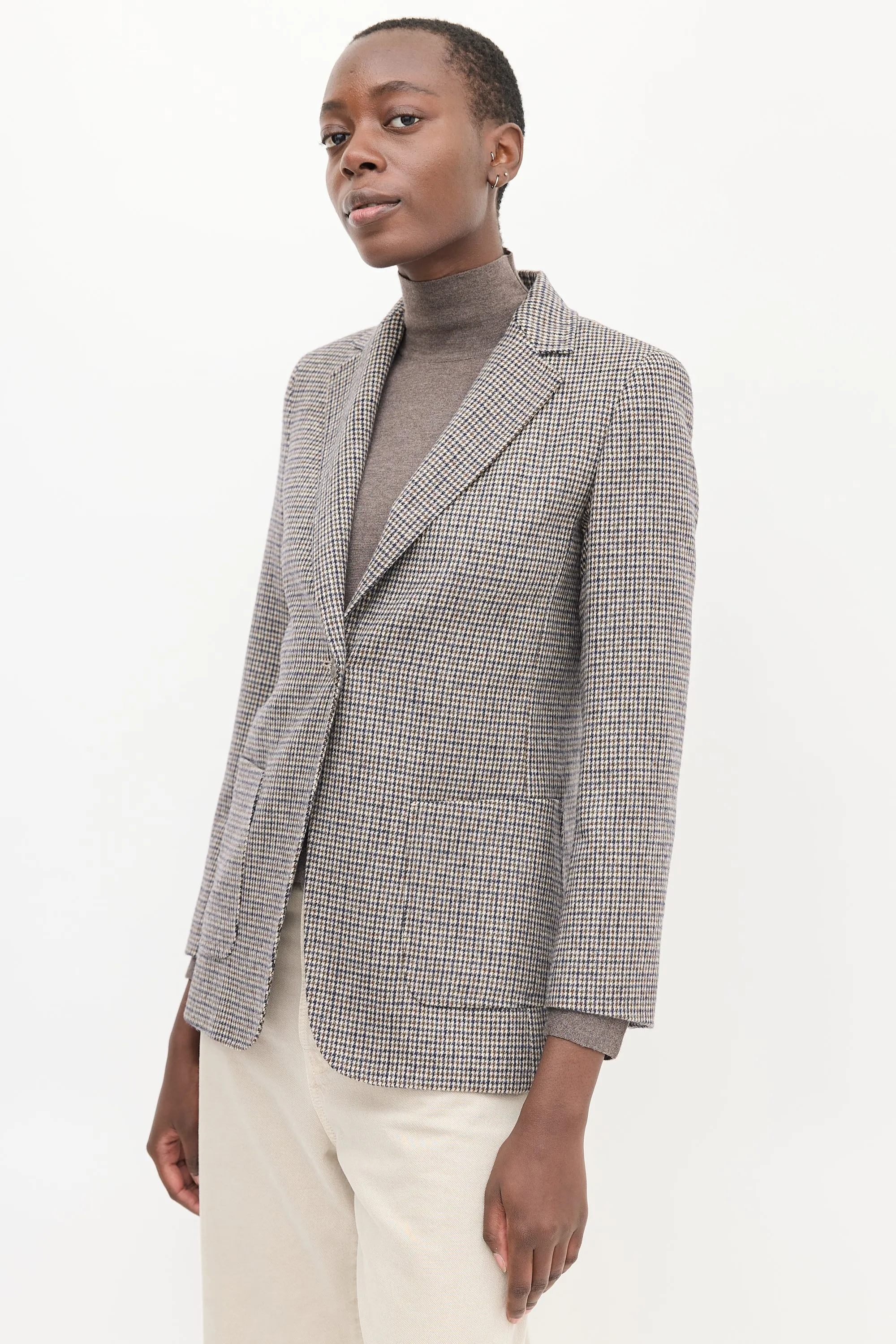 Brown & Navy Wool Houndstooth Blazer