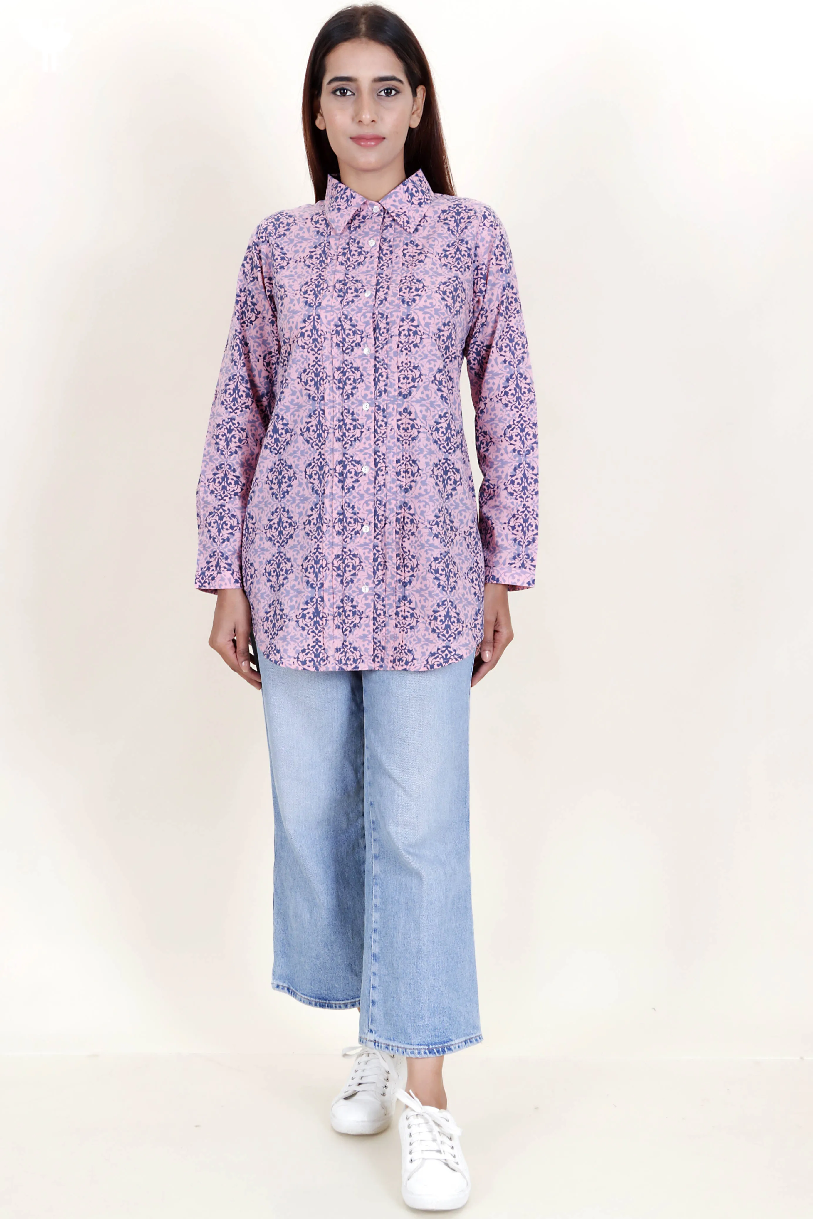 Cambric Cotton Pleated Shirt In Block Print