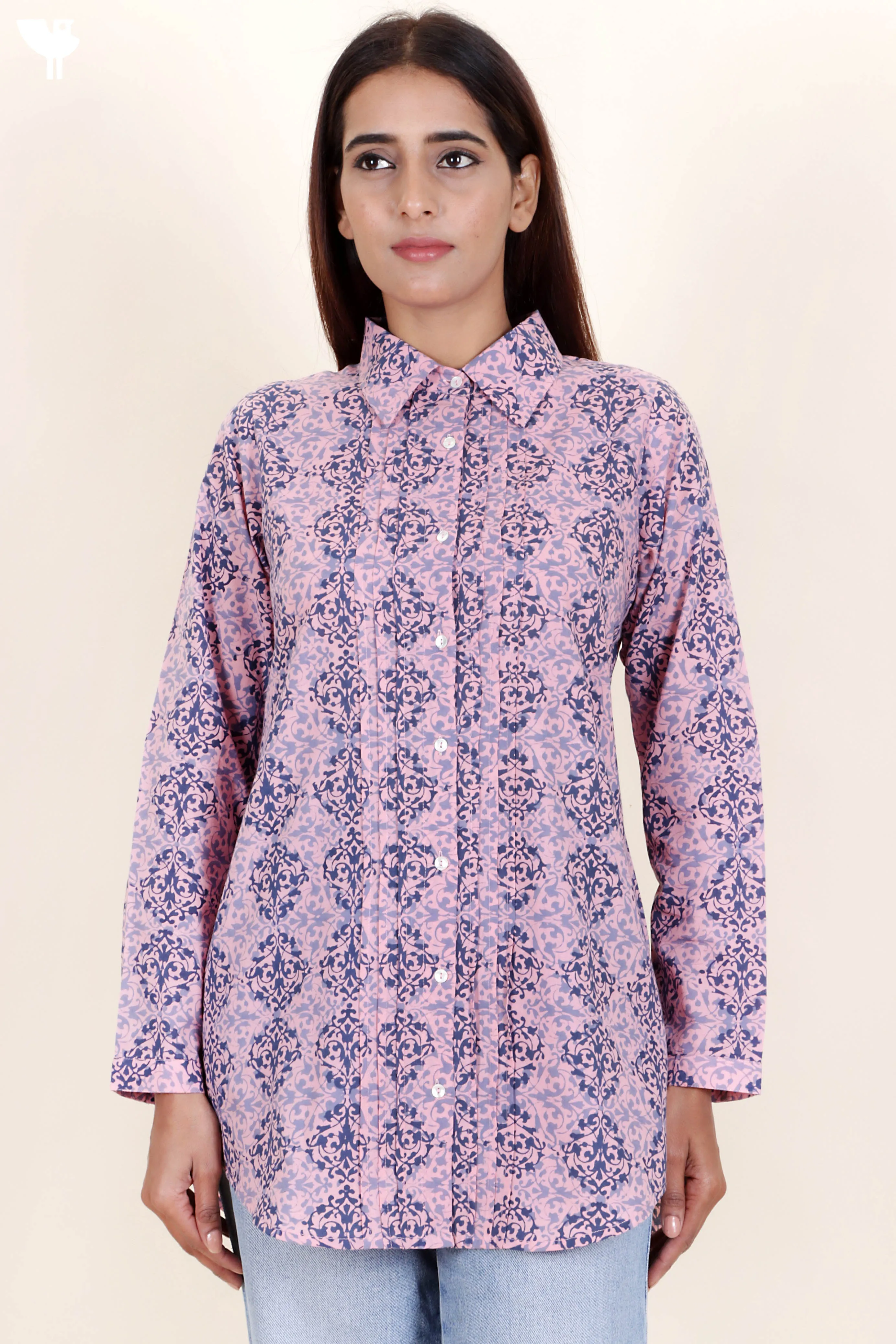 Cambric Cotton Pleated Shirt In Block Print