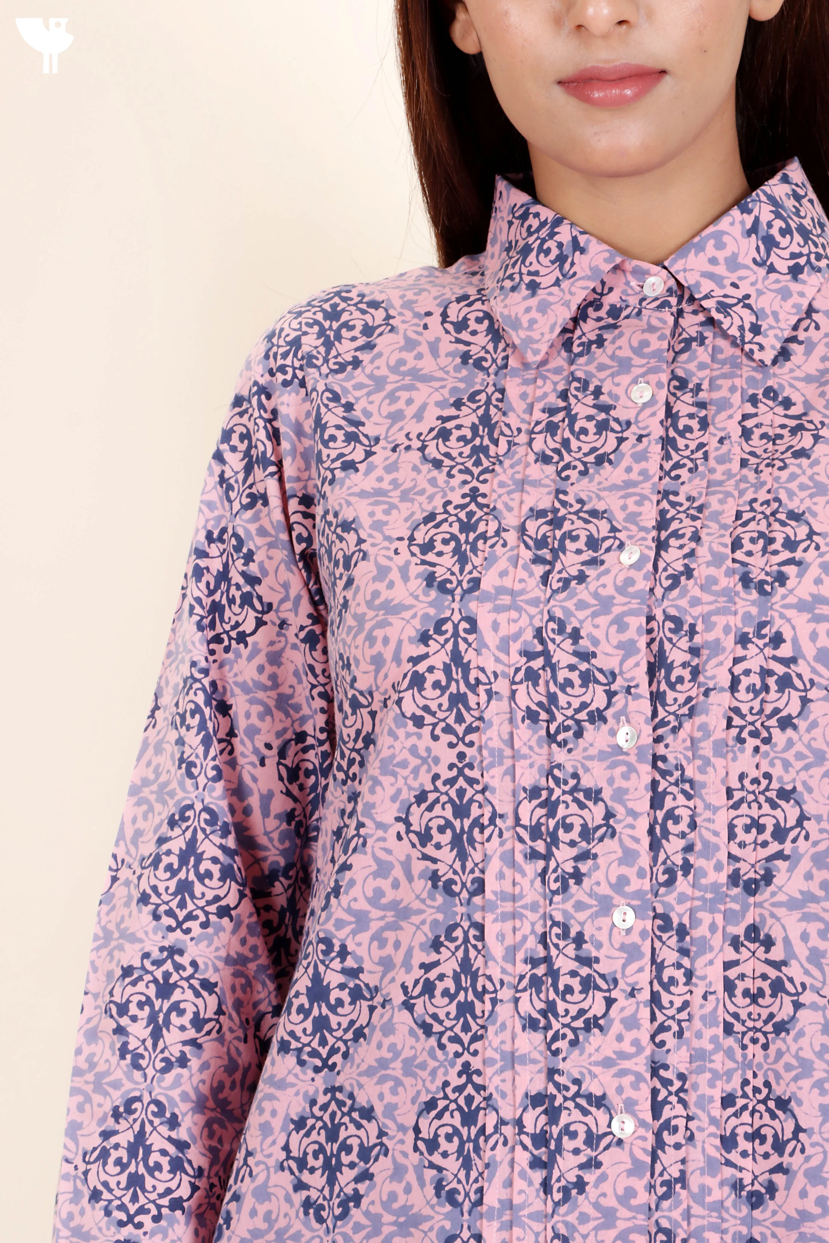 Cambric Cotton Pleated Shirt In Block Print