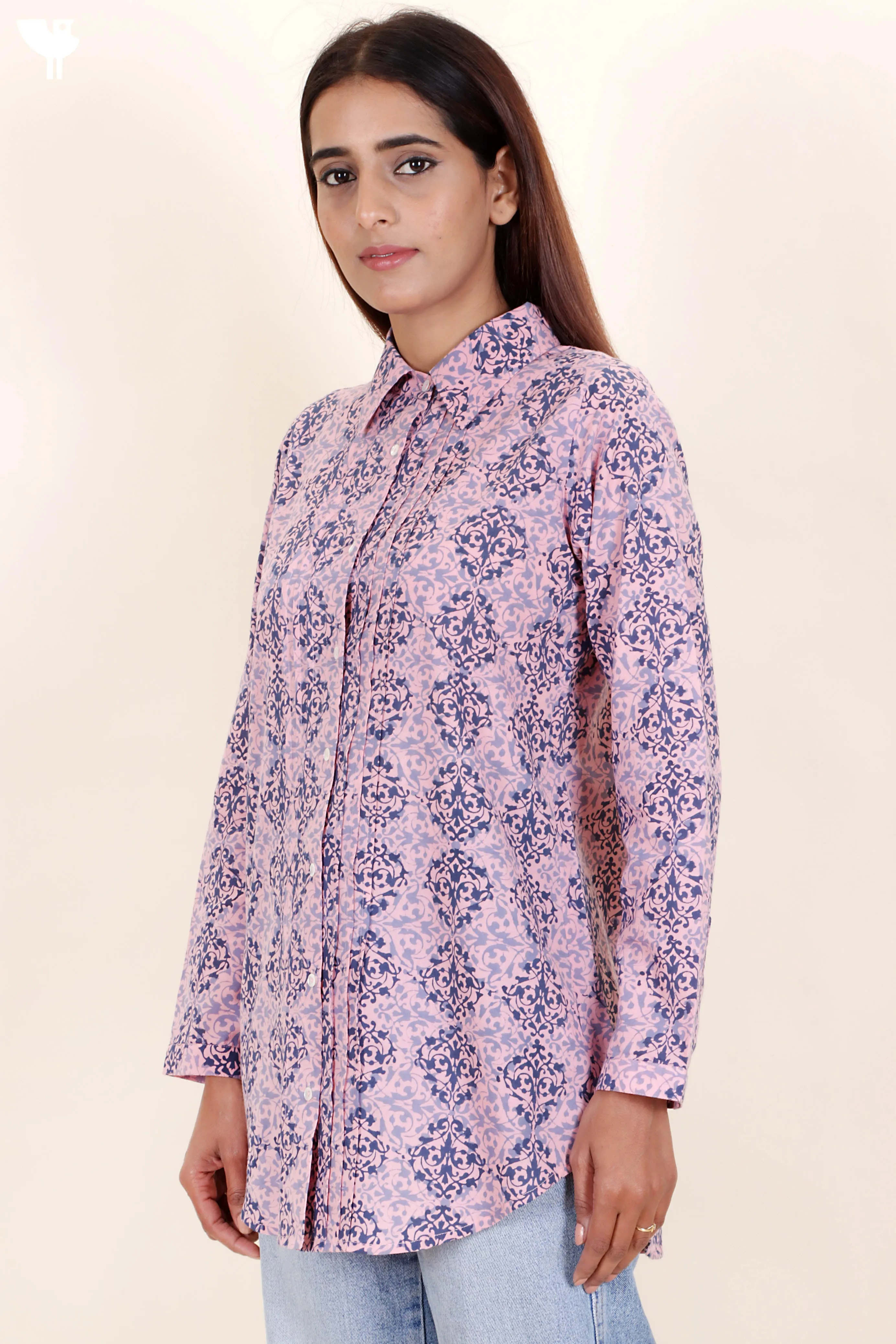 Cambric Cotton Pleated Shirt In Block Print