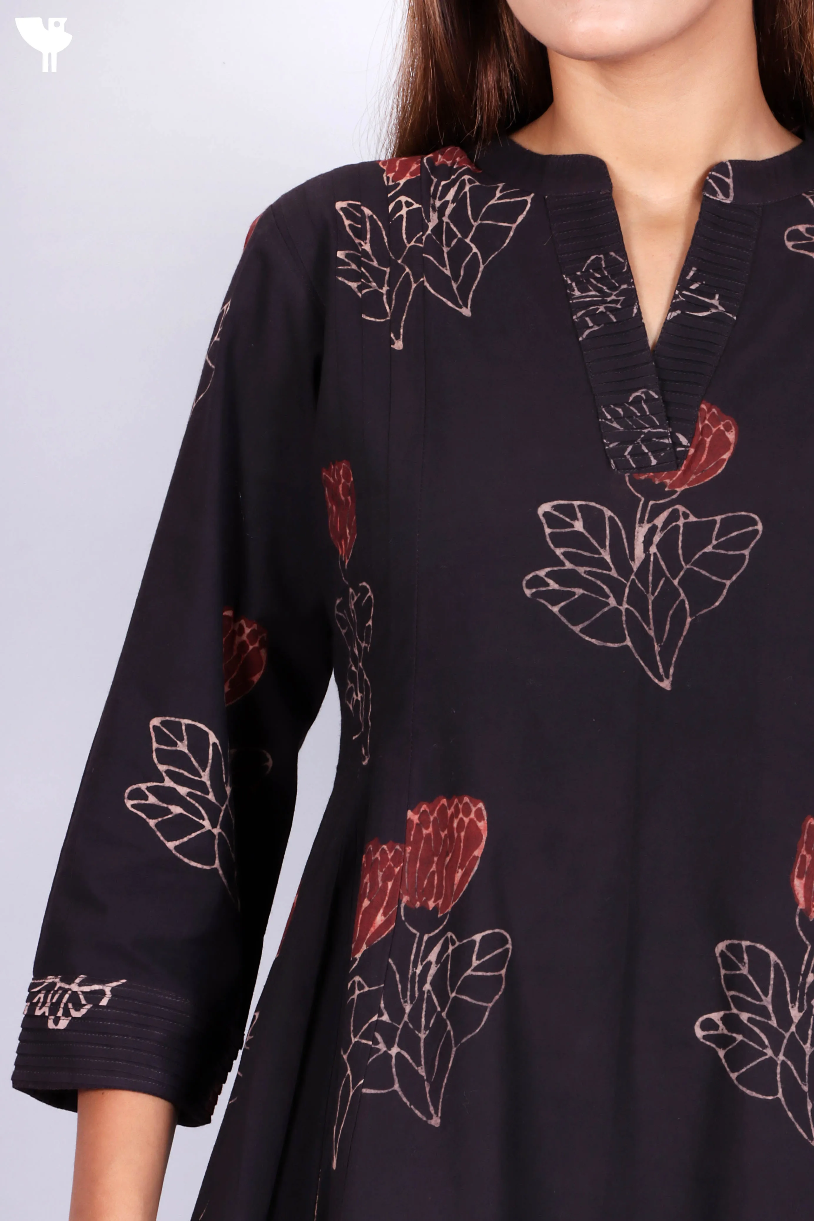 Cambric Cotton Pleated Shirt In Floral Block Print