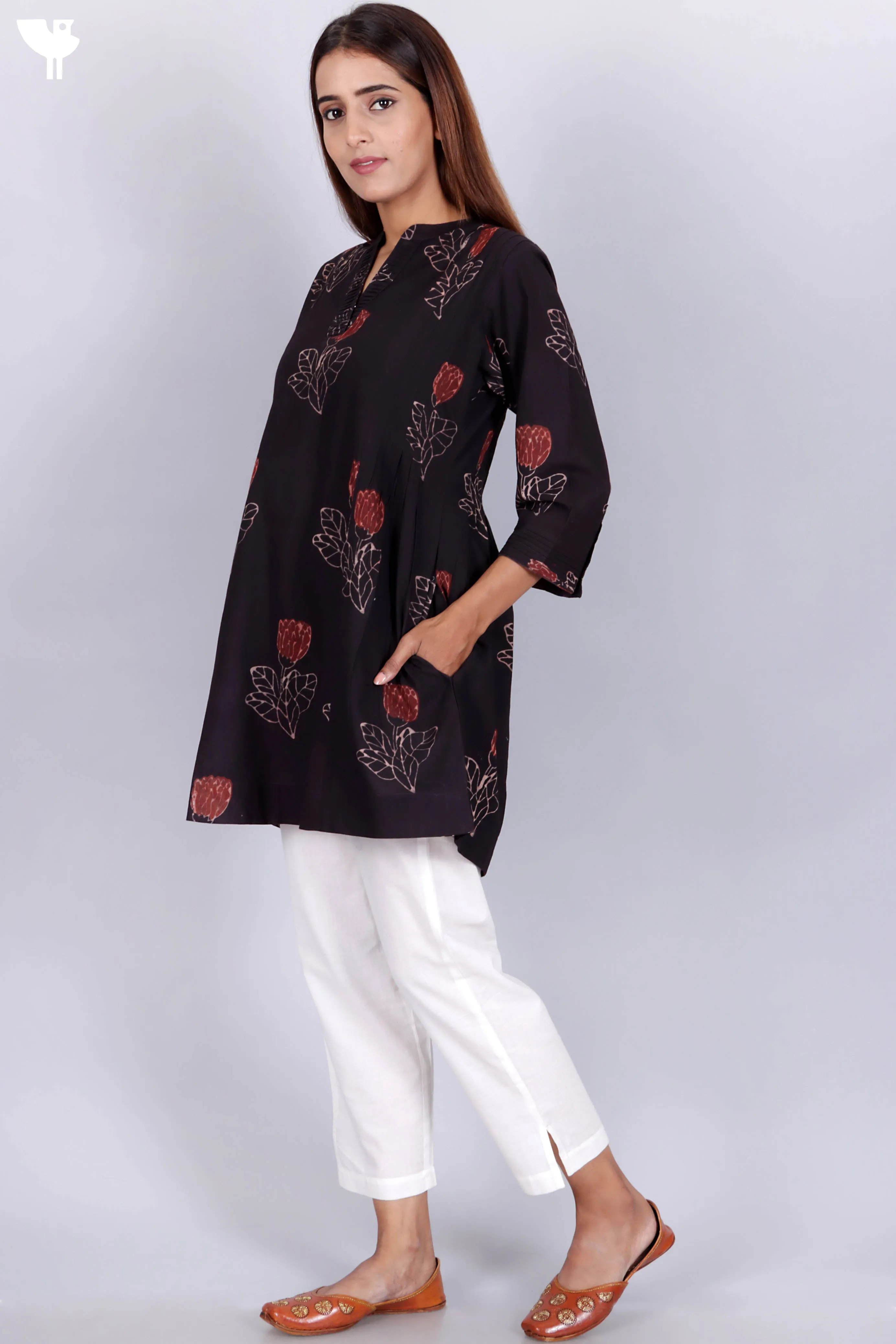 Cambric Cotton Pleated Shirt In Floral Block Print