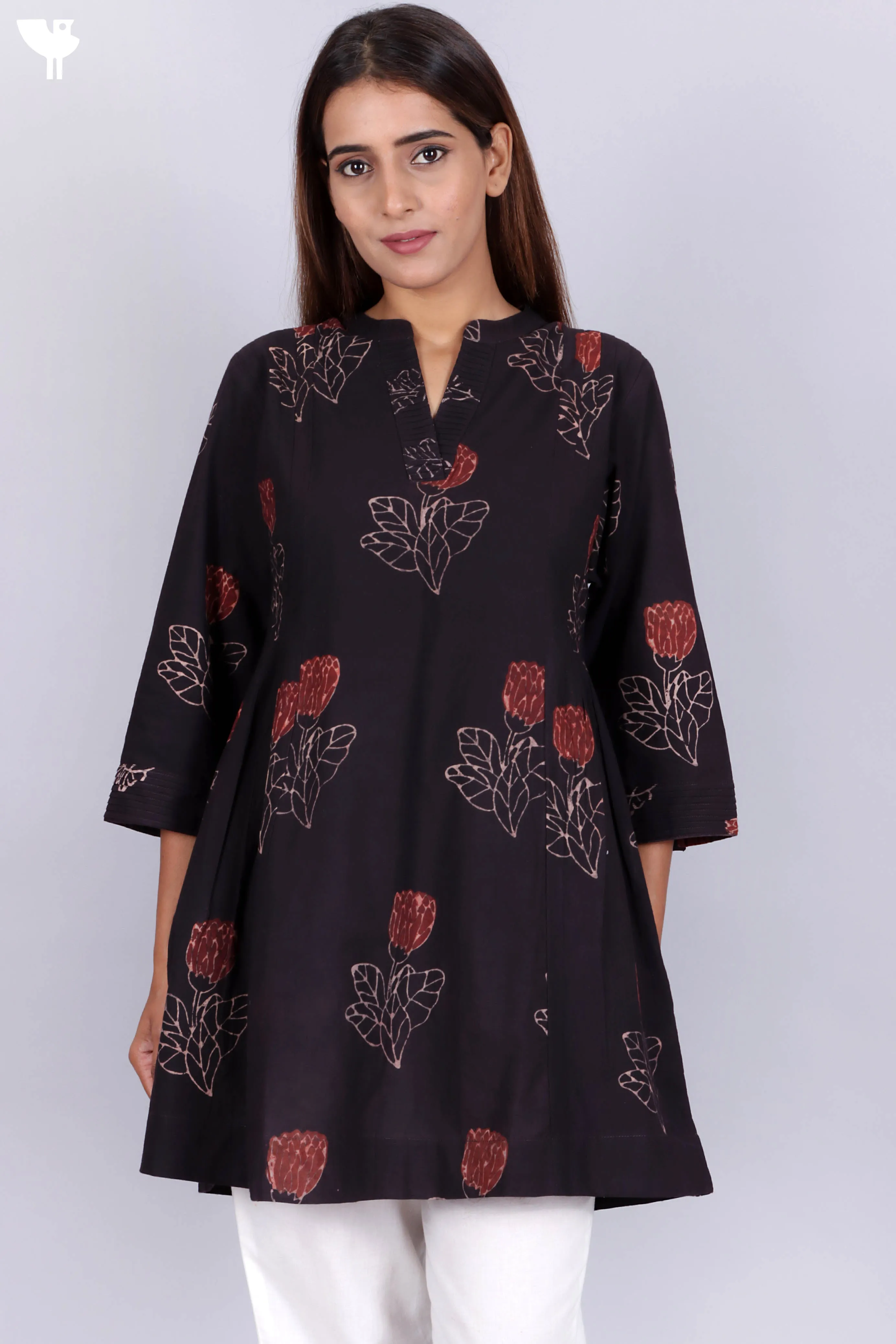 Cambric Cotton Pleated Shirt In Floral Block Print