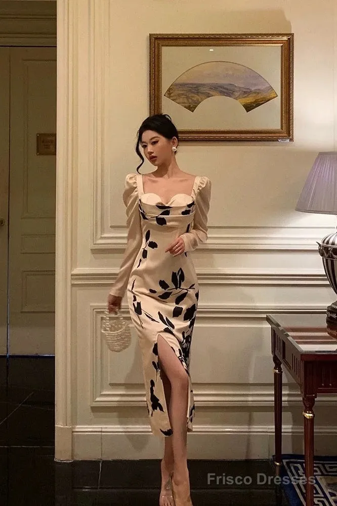 Classy Sheath Sweetheart Floral Satin Prom Dresses Birthday Outfits Evening Gown