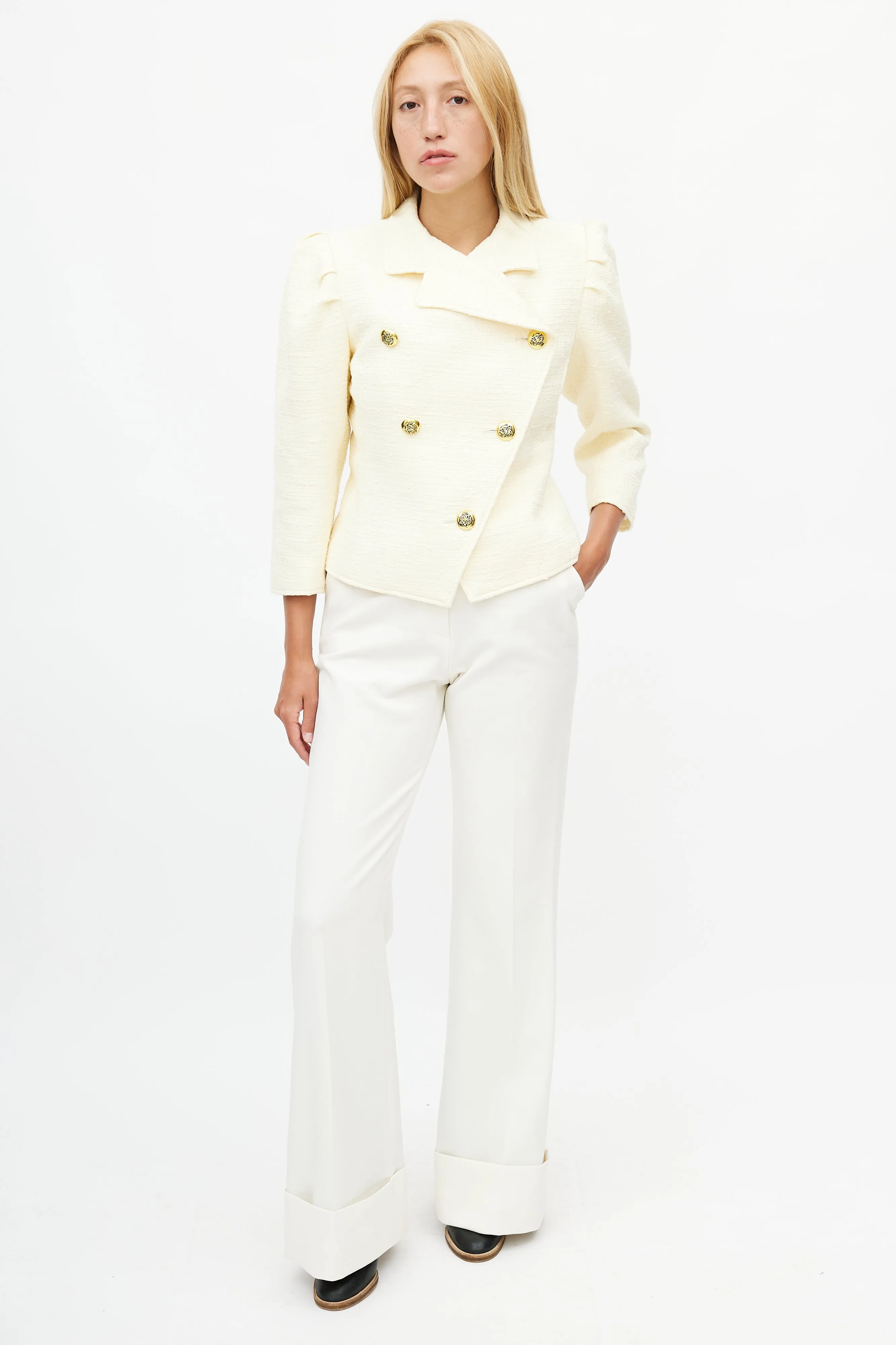 Cream Double Breasted Tweed Blazer