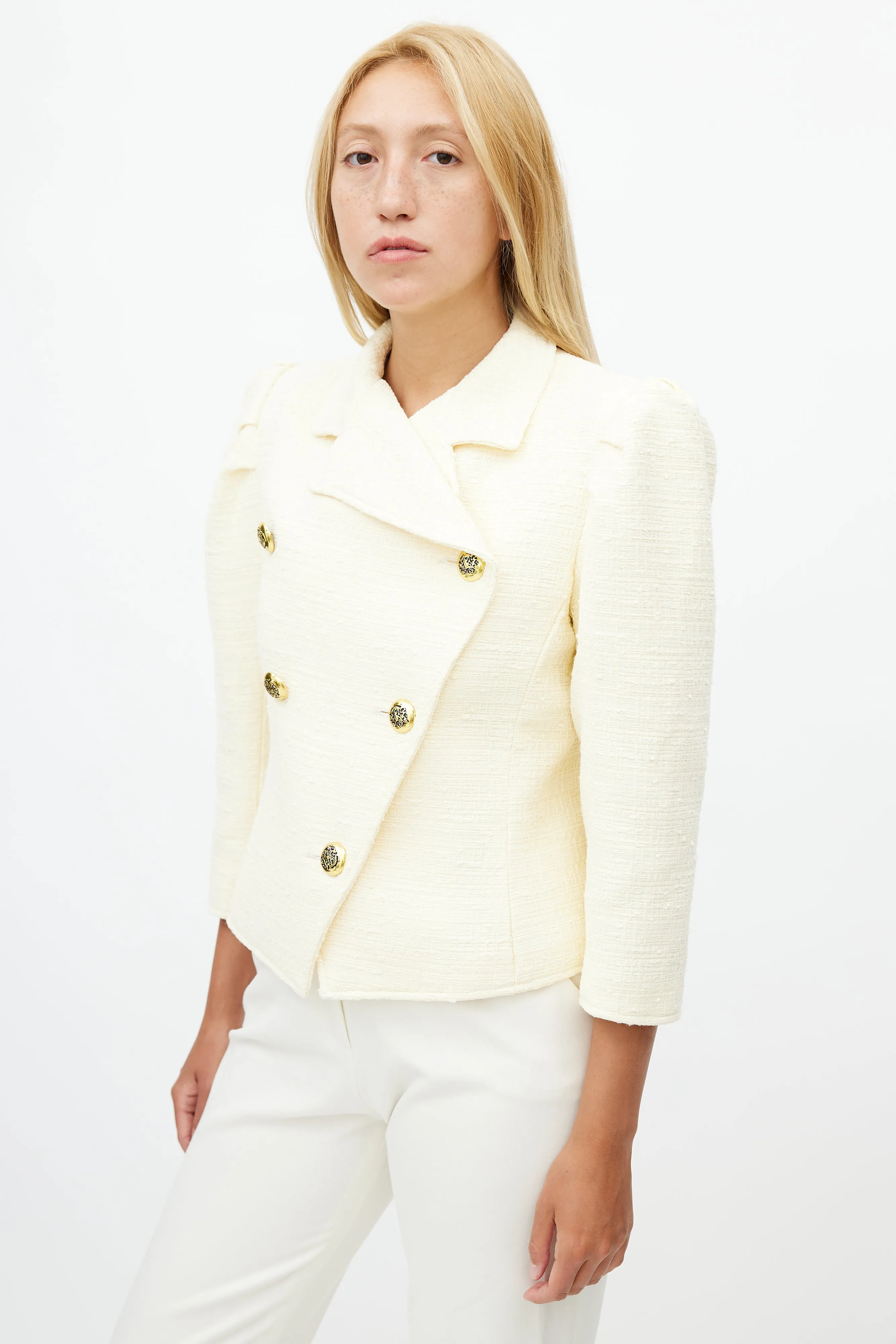Cream Double Breasted Tweed Blazer