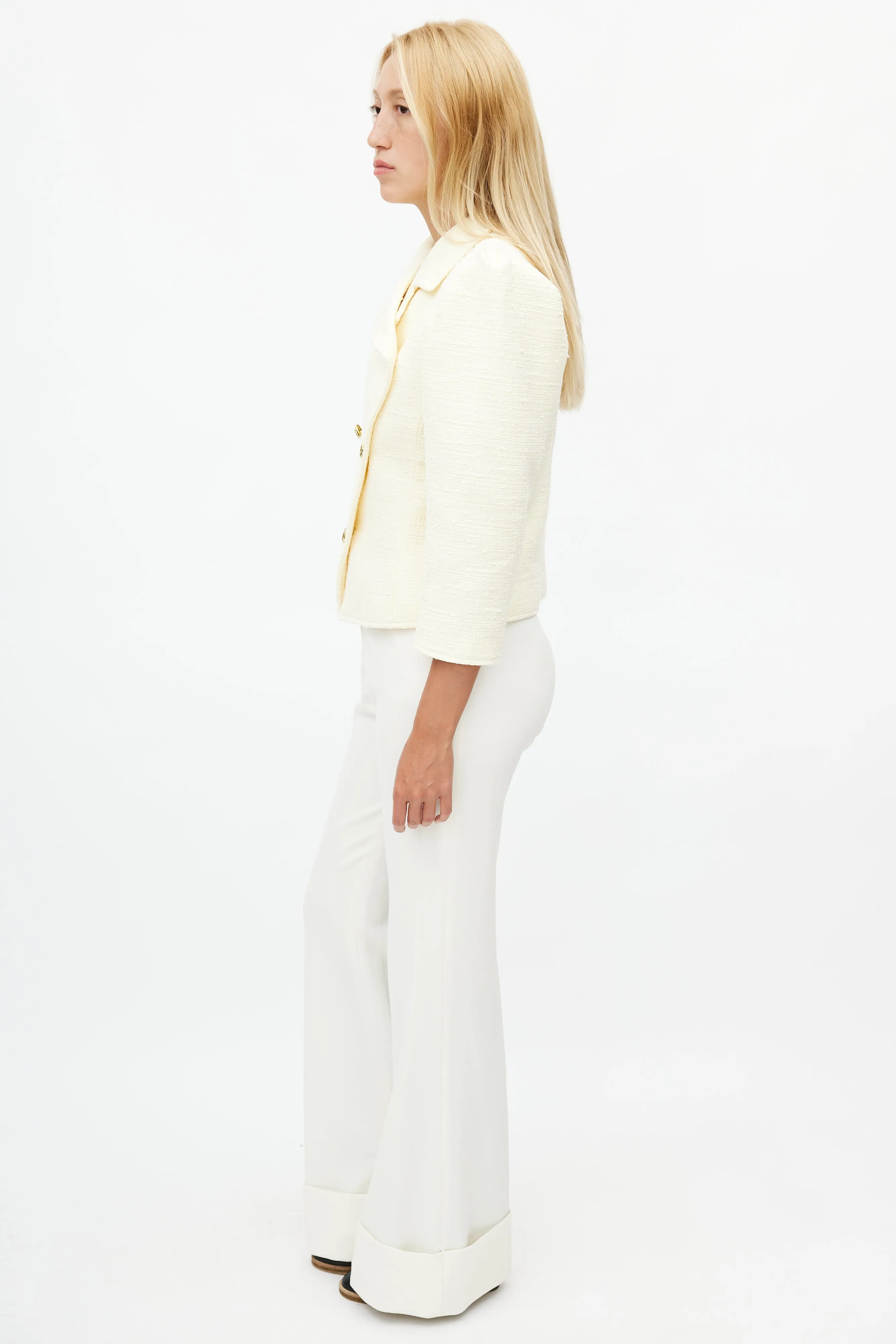 Cream Double Breasted Tweed Blazer