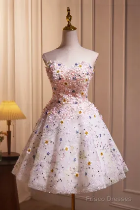Cute 3D Floral Knee Length Party Dress, A-Line Strapless Homecoming Dress