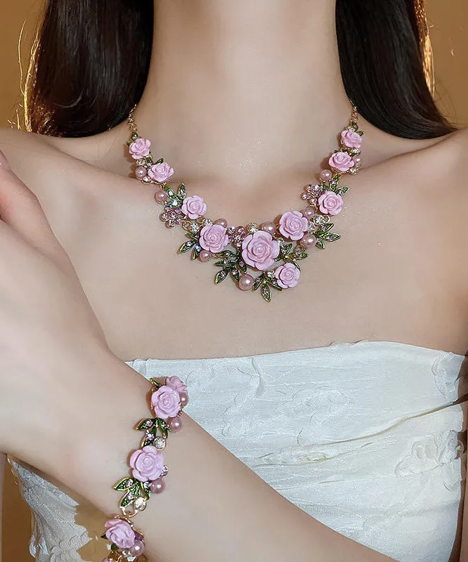 Cute Pink Sterling Silver Alloy Zircon Pearl Floral Pendant Necklace RA008