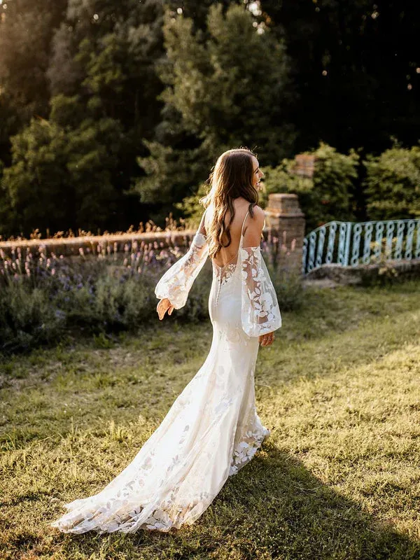 Delicate Floral Lace Spaghetti Straps Long Sleeves Mermaid Wedding Dresses Elegant