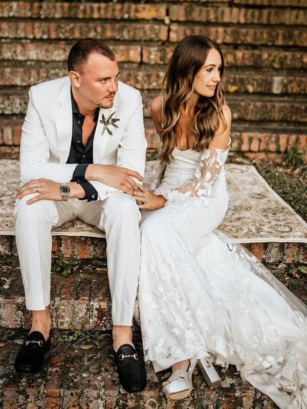 Delicate Floral Lace Spaghetti Straps Long Sleeves Mermaid Wedding Dresses Elegant