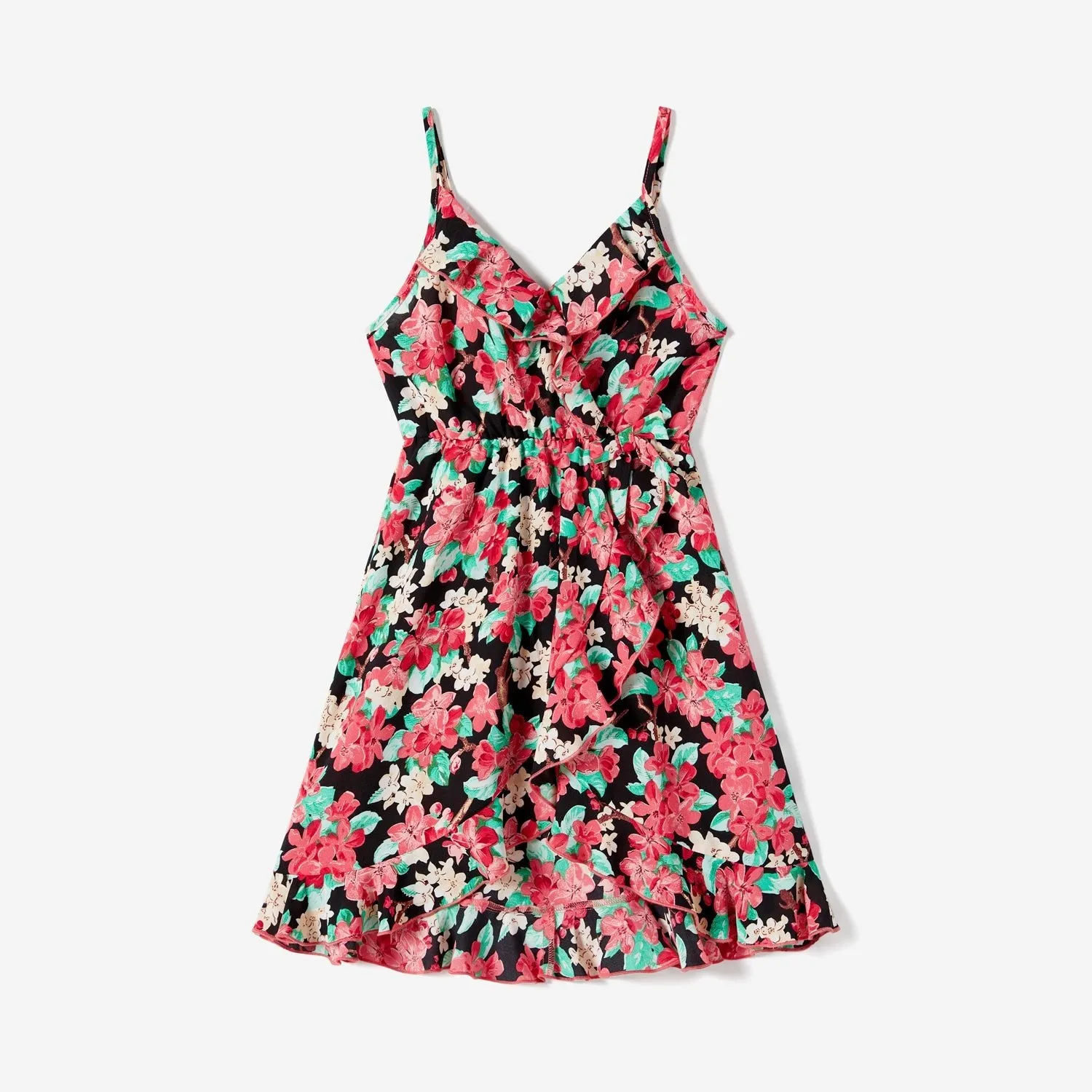 Family Matching Allover Floral Print Ruffled Wrap Knot Side Cami Dresses and Short-sleeve T-shirts Sets
