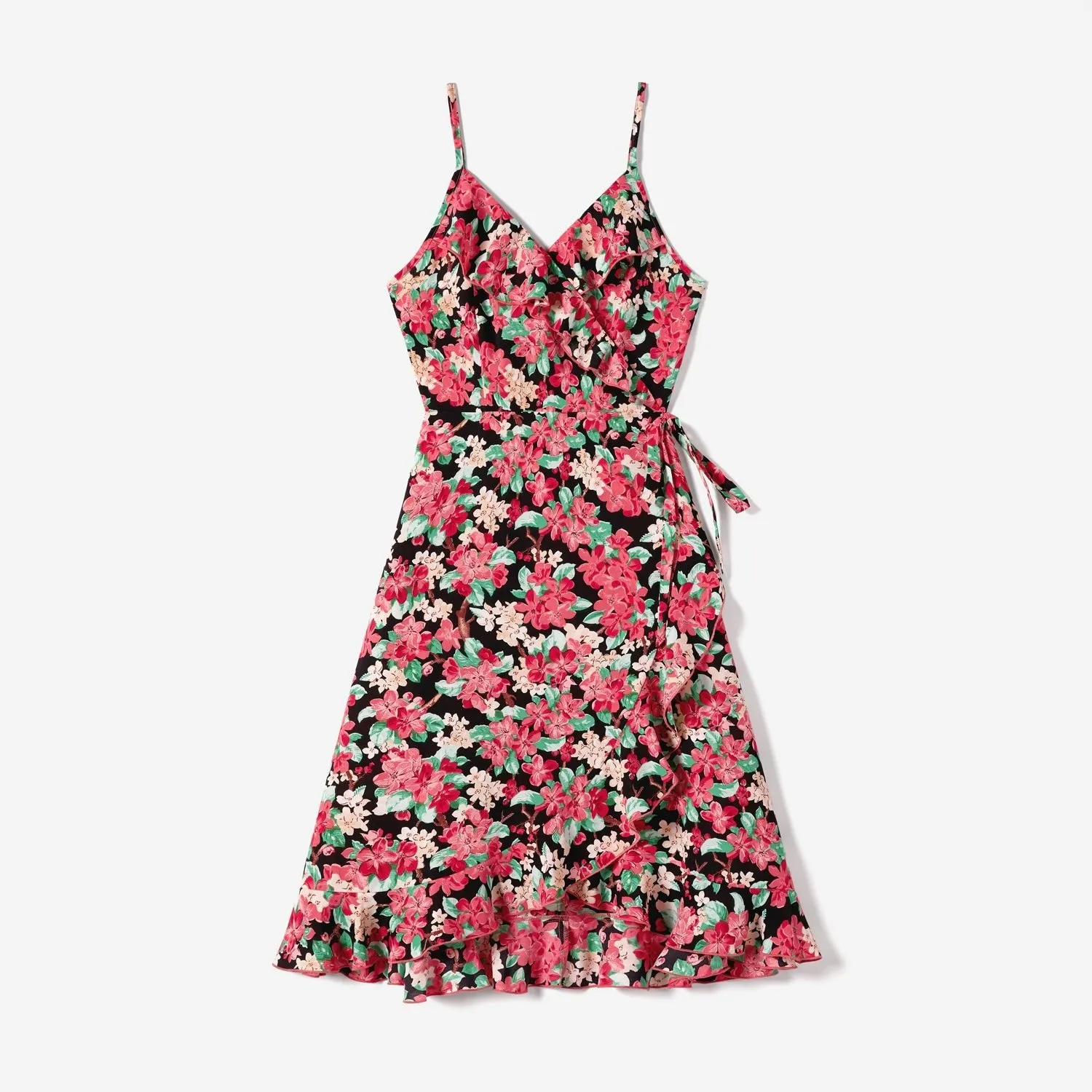 Family Matching Allover Floral Print Ruffled Wrap Knot Side Cami Dresses and Short-sleeve T-shirts Sets