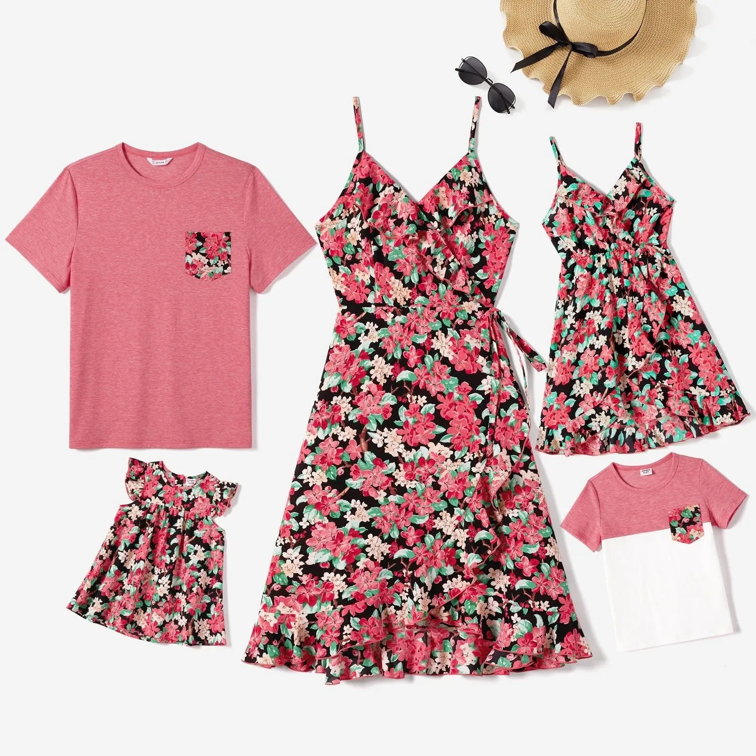 Family Matching Allover Floral Print Ruffled Wrap Knot Side Cami Dresses and Short-sleeve T-shirts Sets