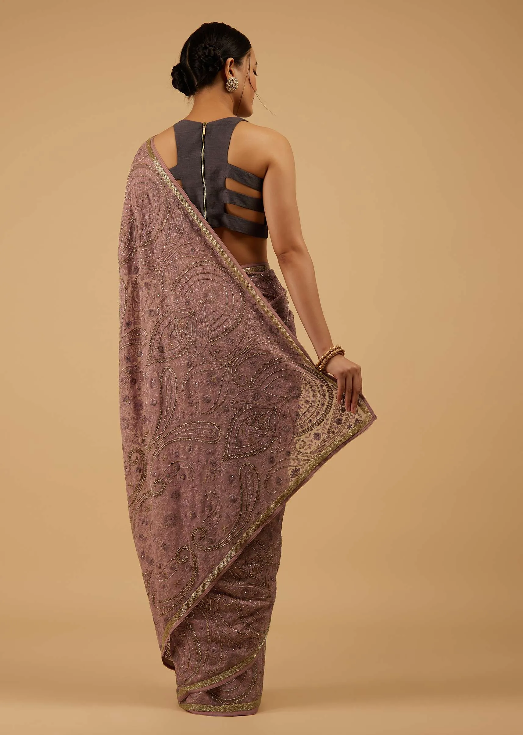 Festive Woodrose Dusty Pink Saree Kashmiri Embroidered In Georgette