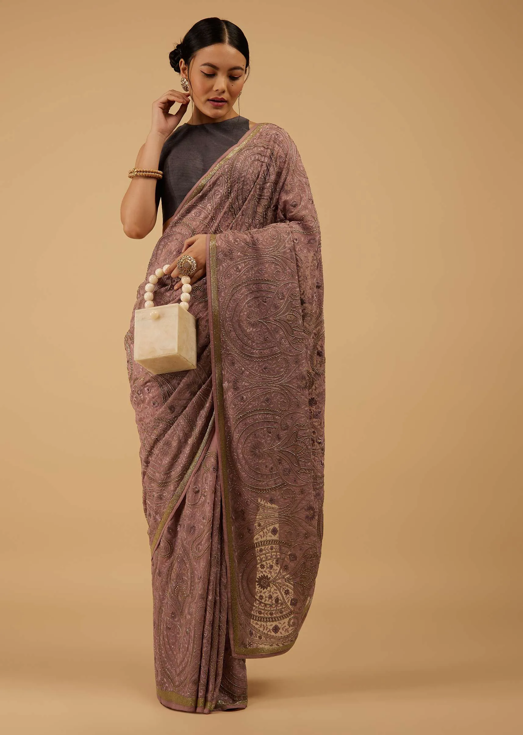 Festive Woodrose Dusty Pink Saree Kashmiri Embroidered In Georgette