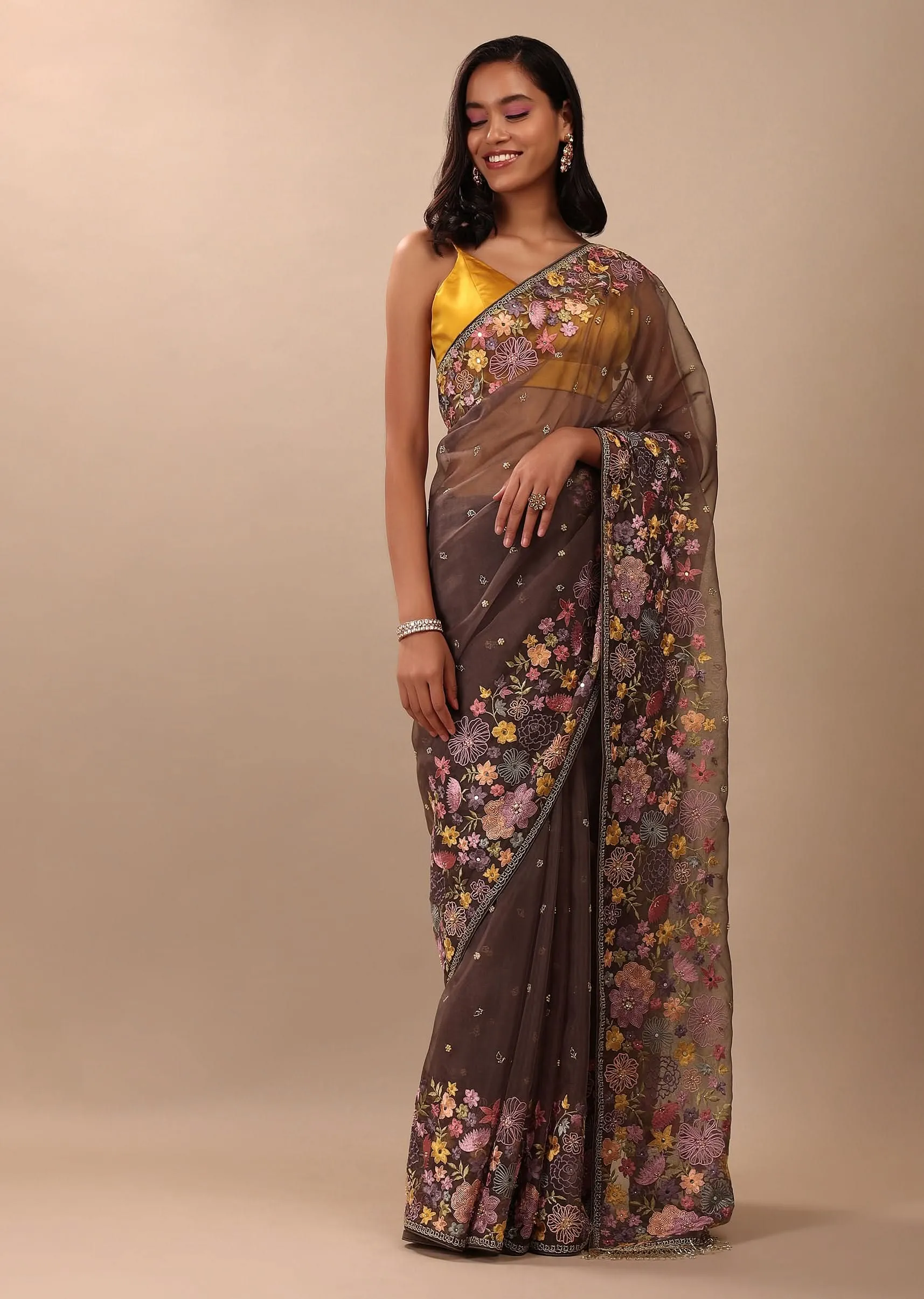 Fog Grey Saree In Organza With A Wide Floral Embroidered Pallu With Tassels