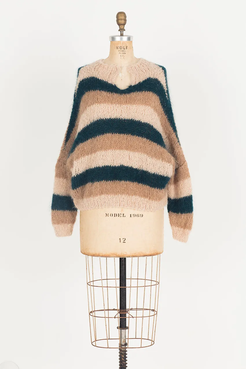 Hand knit batwing V neck sweater (Alpaca) - Lilac stripe