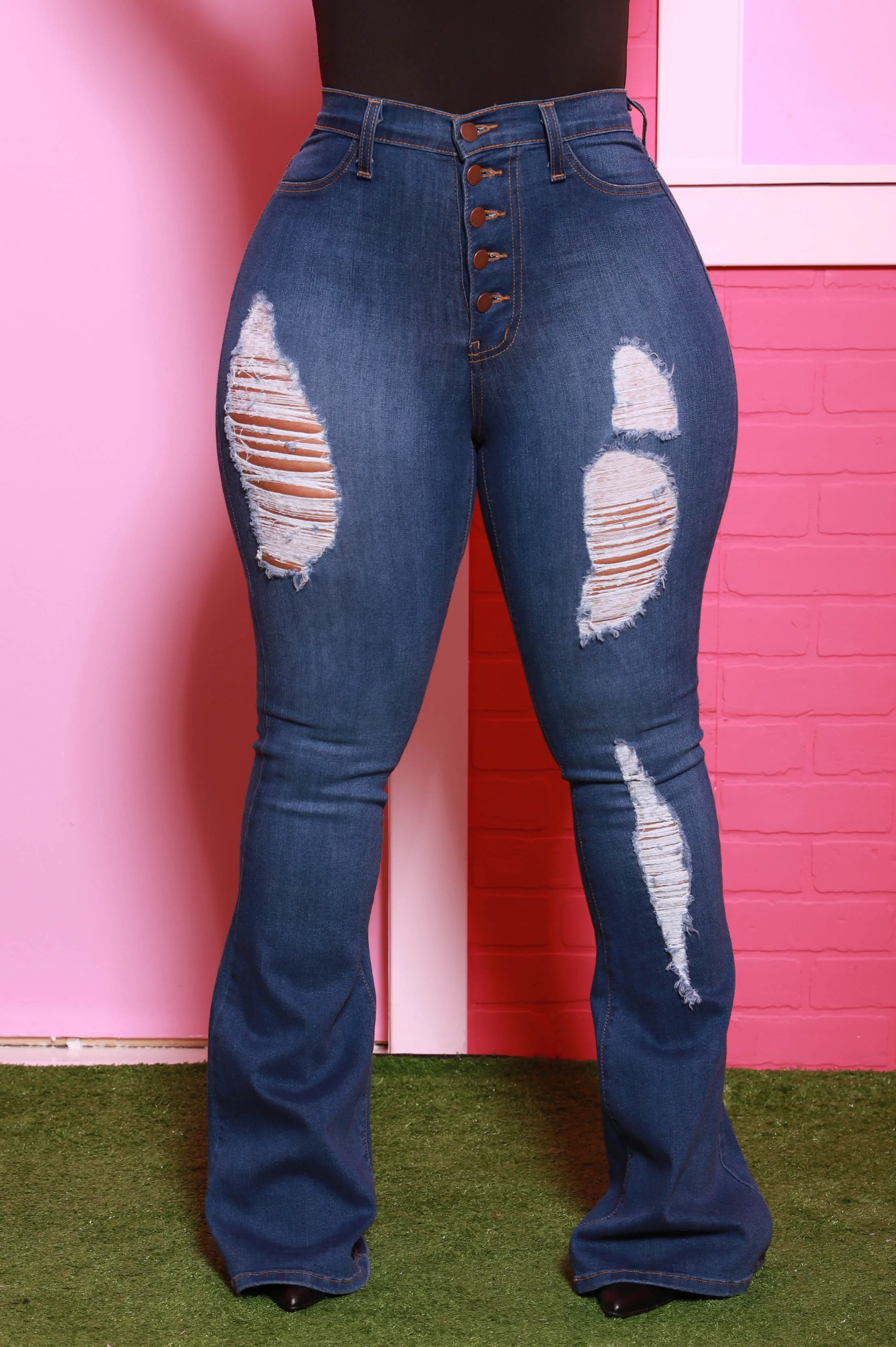 Head Start Distressed Bell Bottom Jeans - Dark Wash