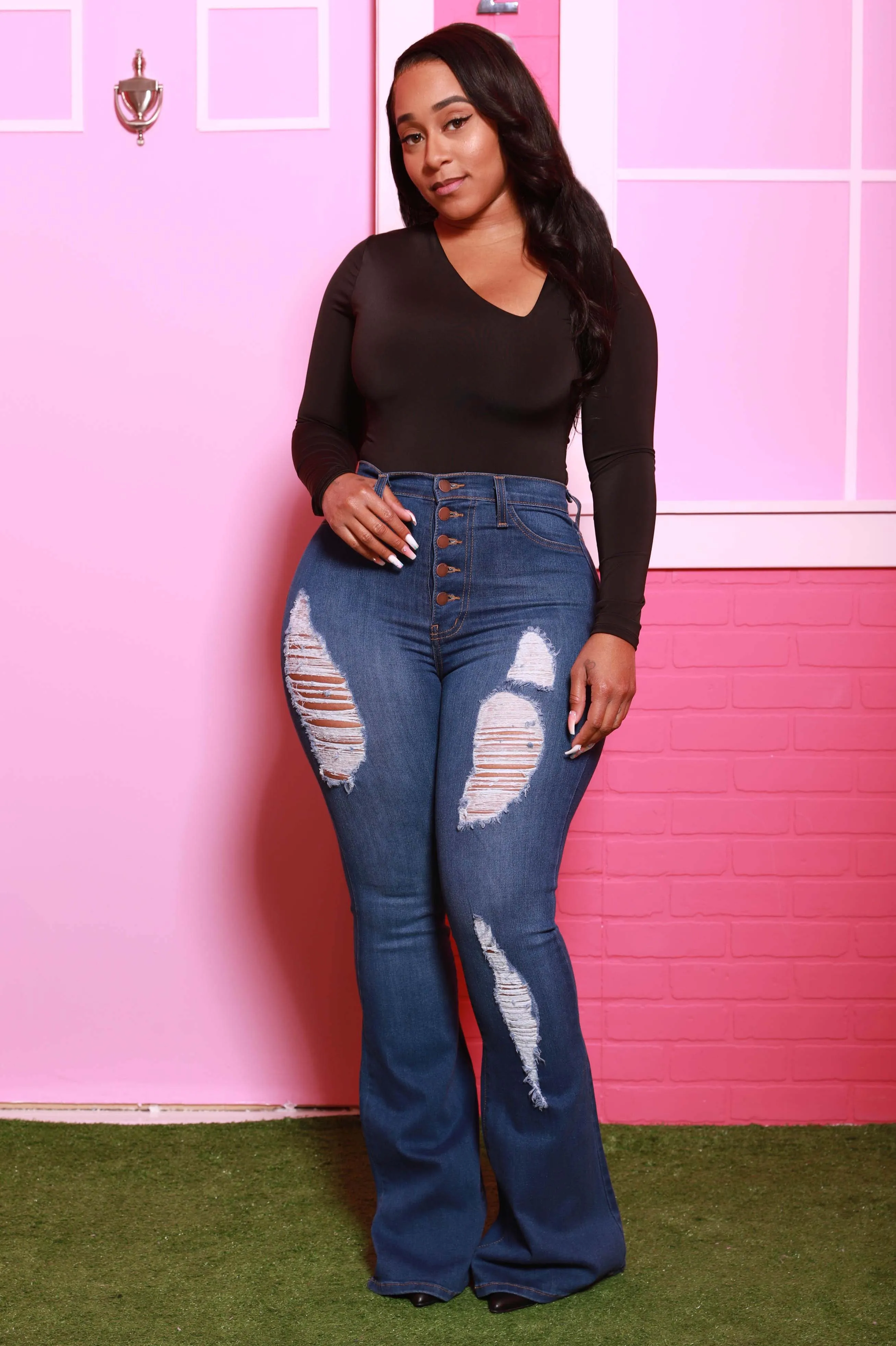 Head Start Distressed Bell Bottom Jeans - Dark Wash
